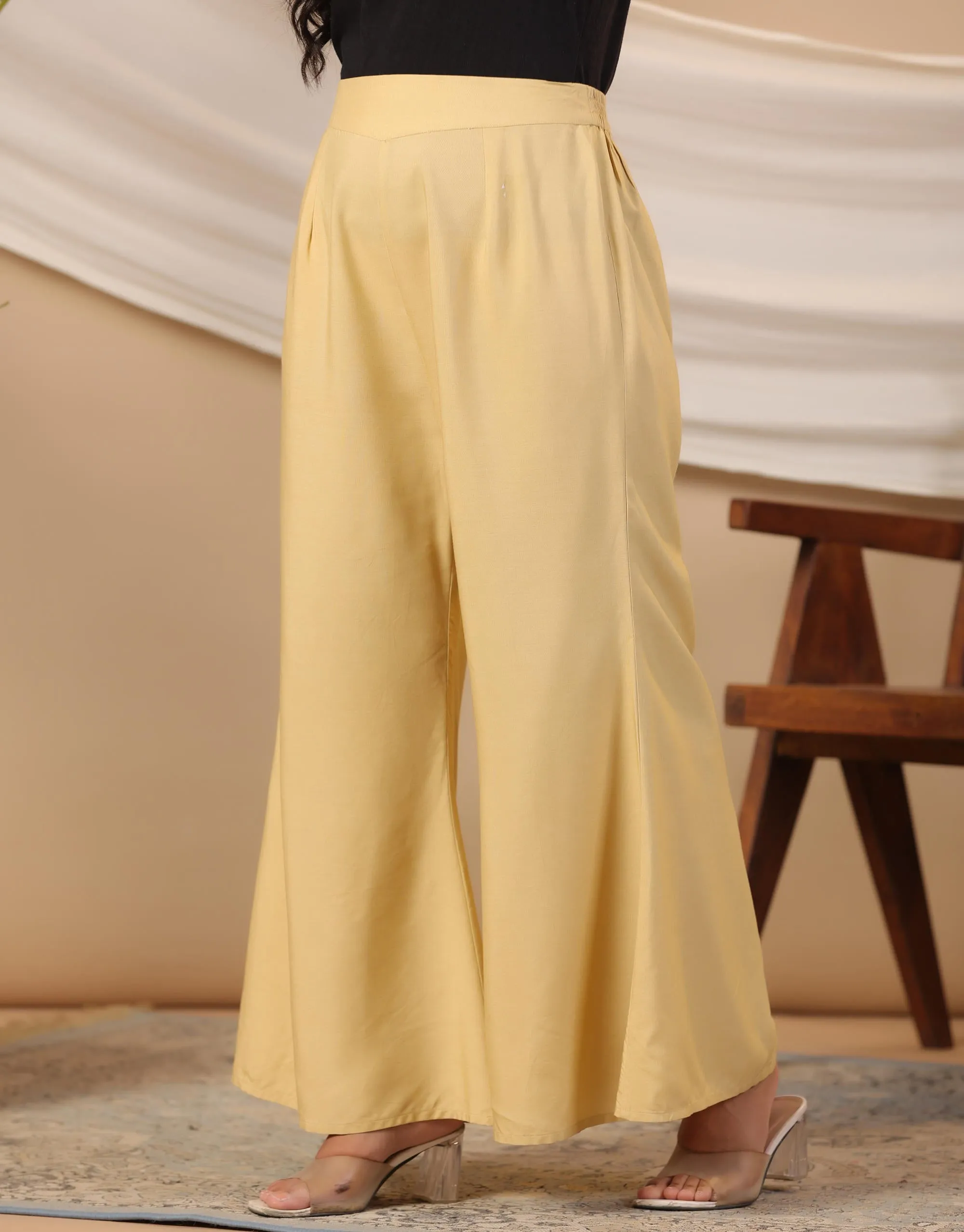 Beige Modal Rayon Women Partially Elasticated Bell Bottom Pants With Single Side Pocket-S4303GOLD