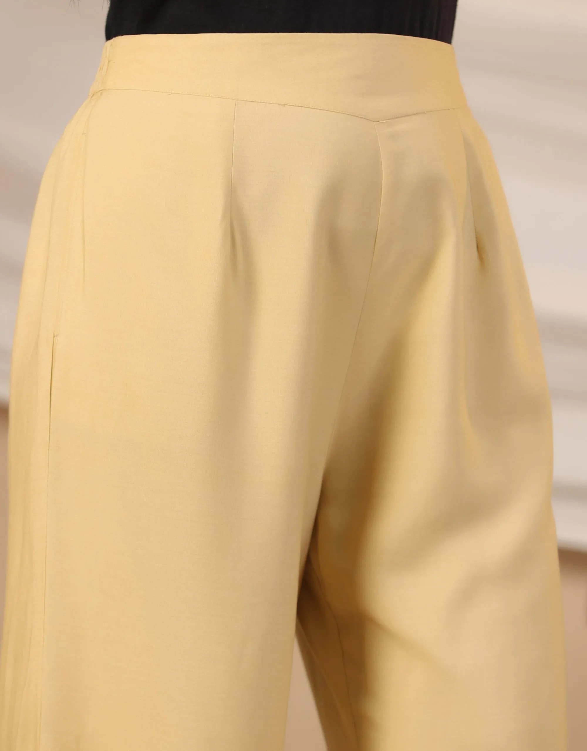 Beige Modal Rayon Women Partially Elasticated Bell Bottom Pants With Single Side Pocket-S4303GOLD