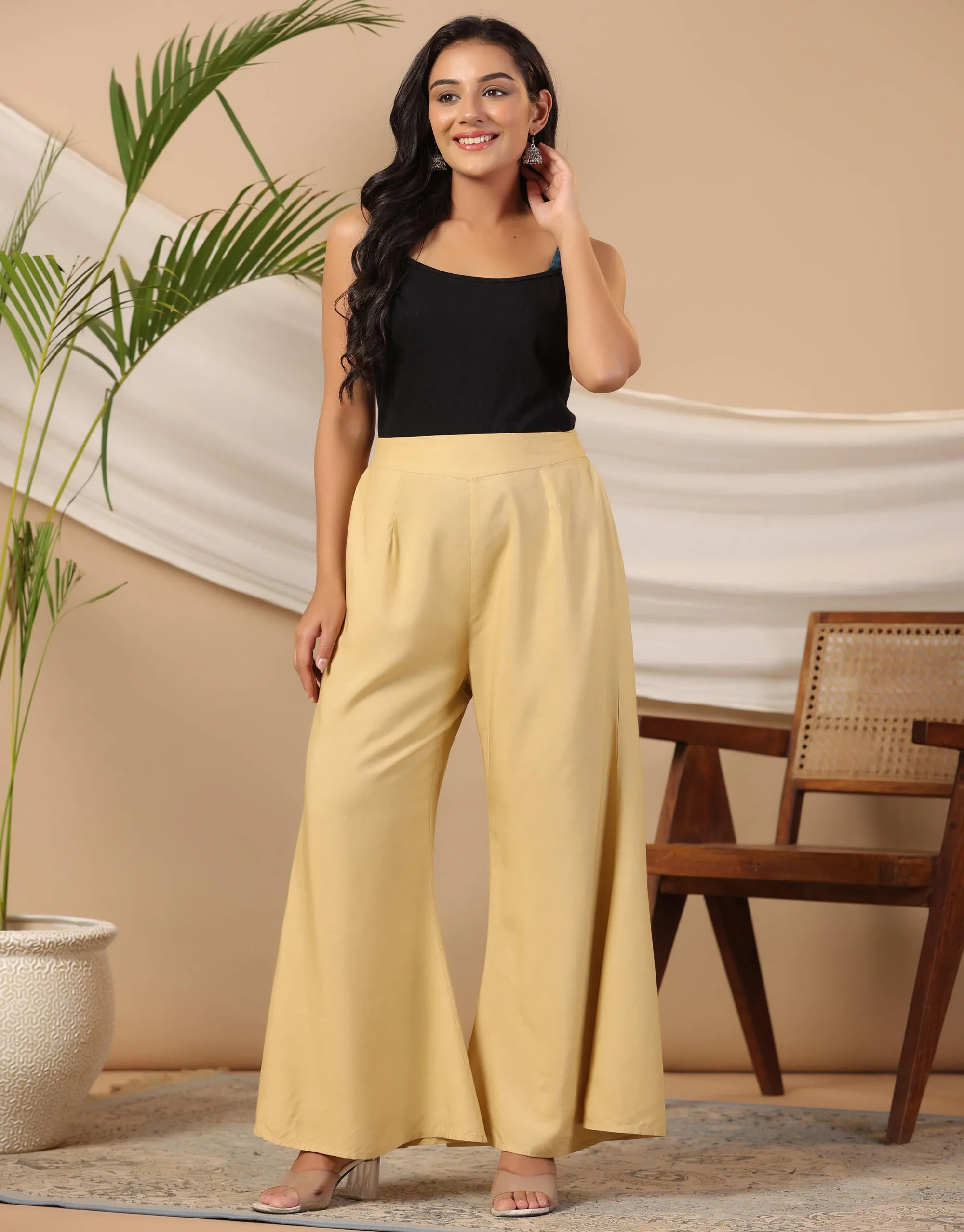 Beige Modal Rayon Women Partially Elasticated Bell Bottom Pants With Single Side Pocket-S4303GOLD