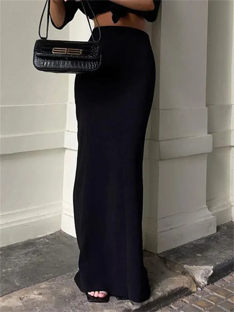 Bonnyshow Fashion For Women Black Long Skirts High Waist Slim Seamless Elegant Ladies Gown Casual Summer New Female Maxi Skirts