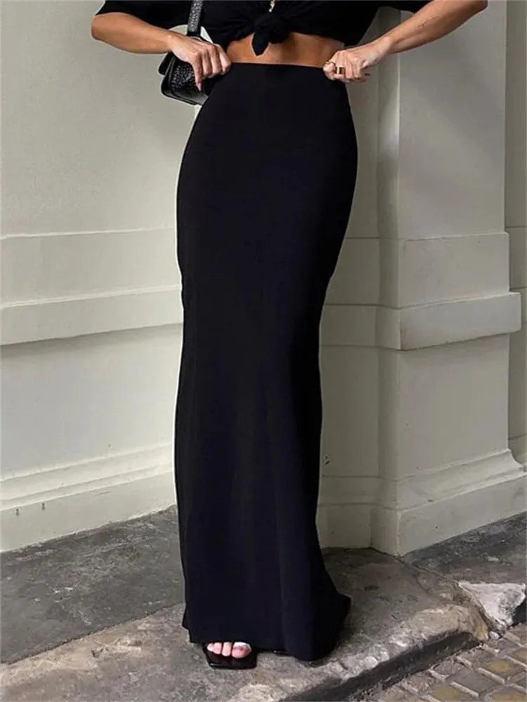 Bonnyshow Fashion For Women Black Long Skirts High Waist Slim Seamless Elegant Ladies Gown Casual Summer New Female Maxi Skirts