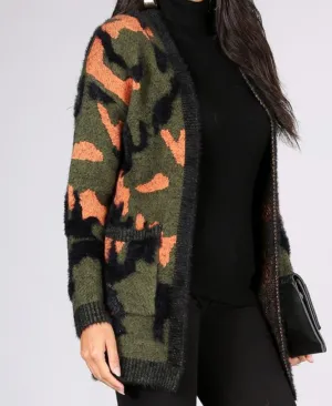 Camo print knit open cardigan