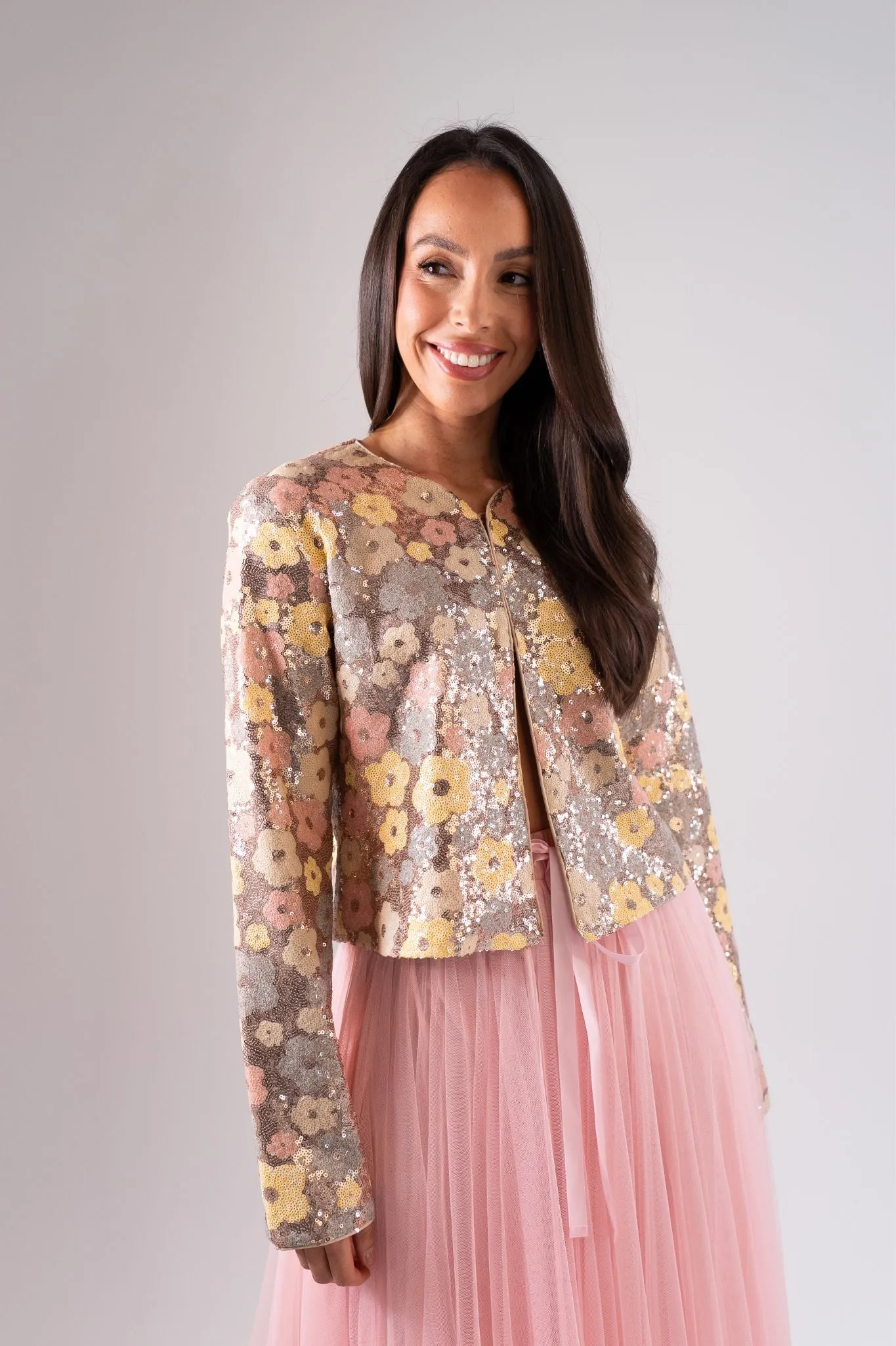 Carolyn Sequin Floral Jacket In Rose Gold