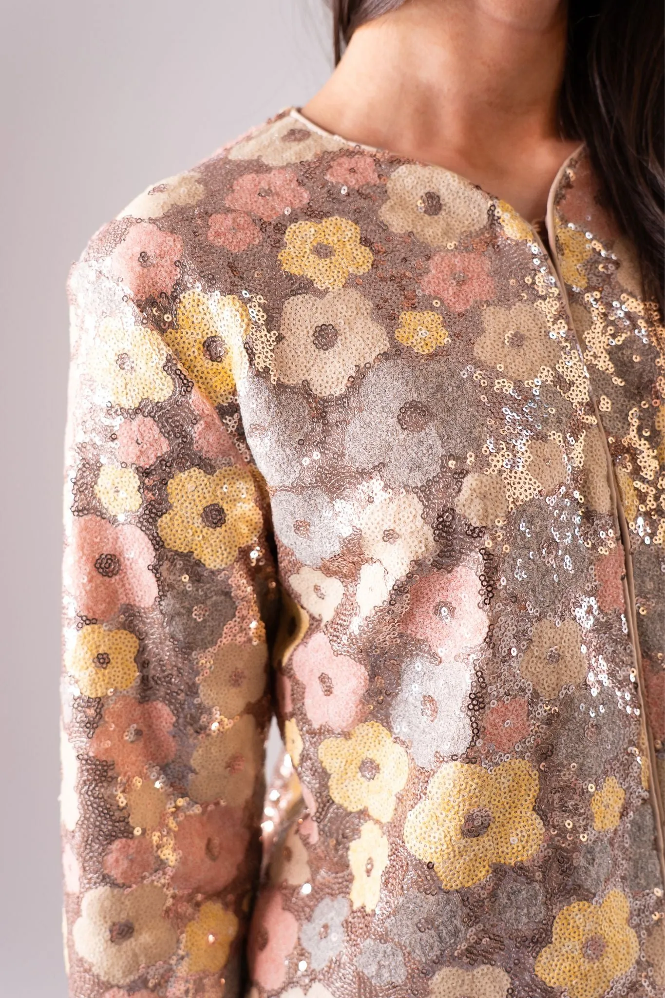 Carolyn Sequin Floral Jacket In Rose Gold