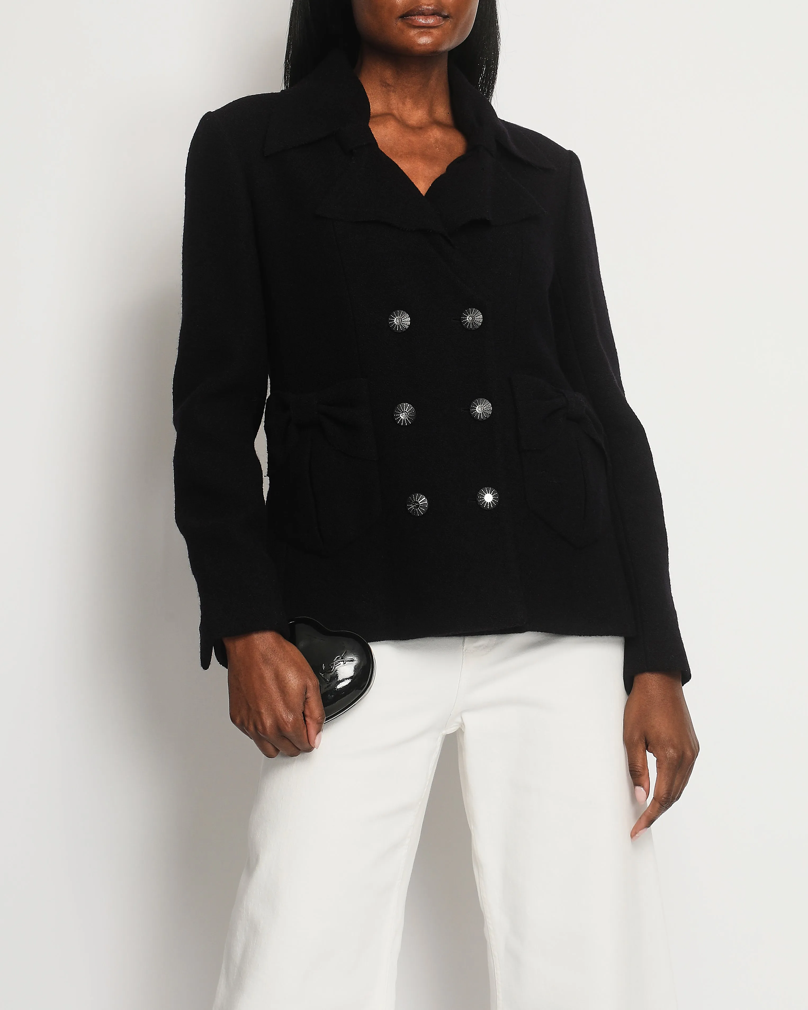 Chanel Navy Tweed Long Sleeve Tweed Jacket With Bows Pocket Detail Size Fr 42 (uk 14)