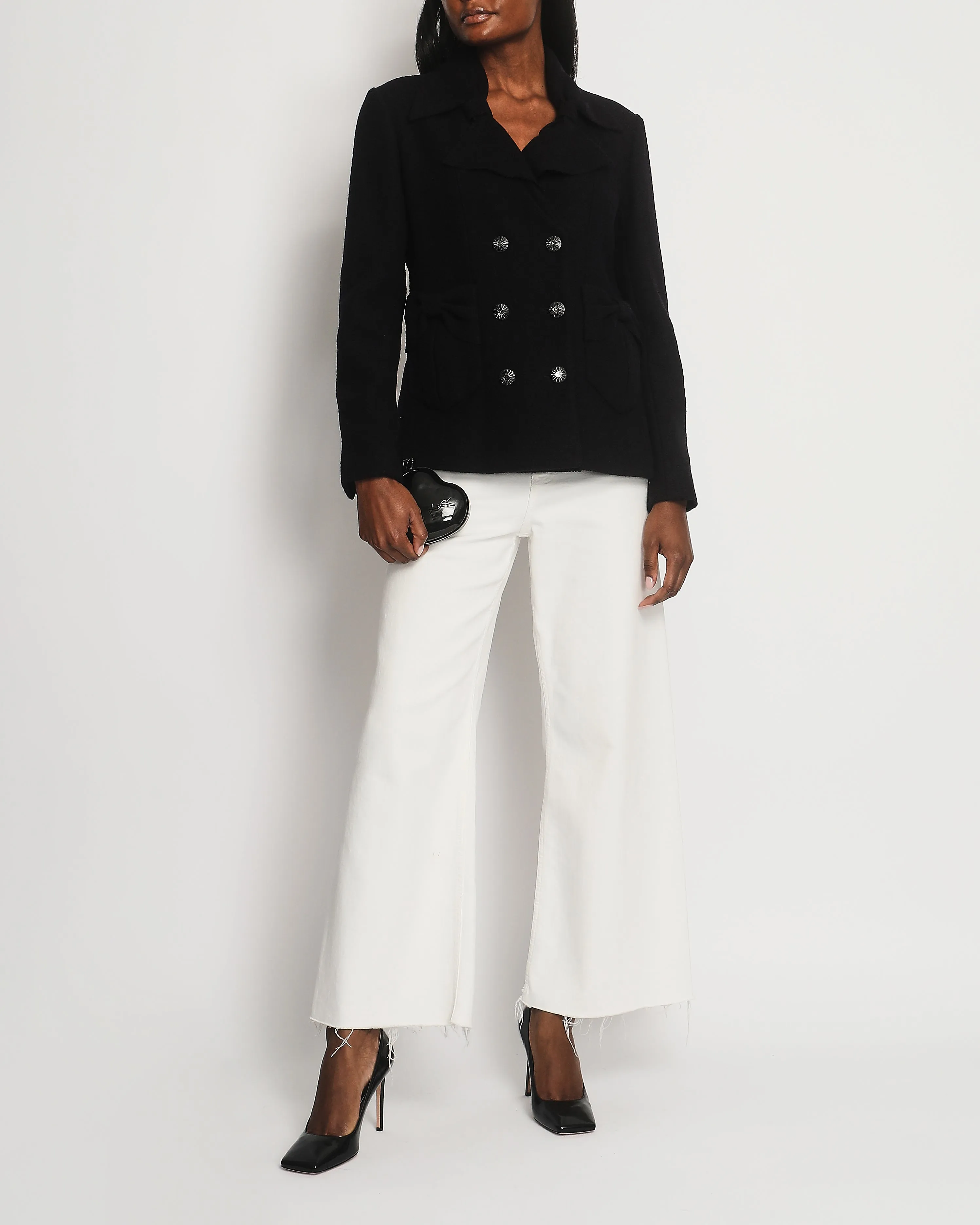 Chanel Navy Tweed Long Sleeve Tweed Jacket With Bows Pocket Detail Size Fr 42 (uk 14)