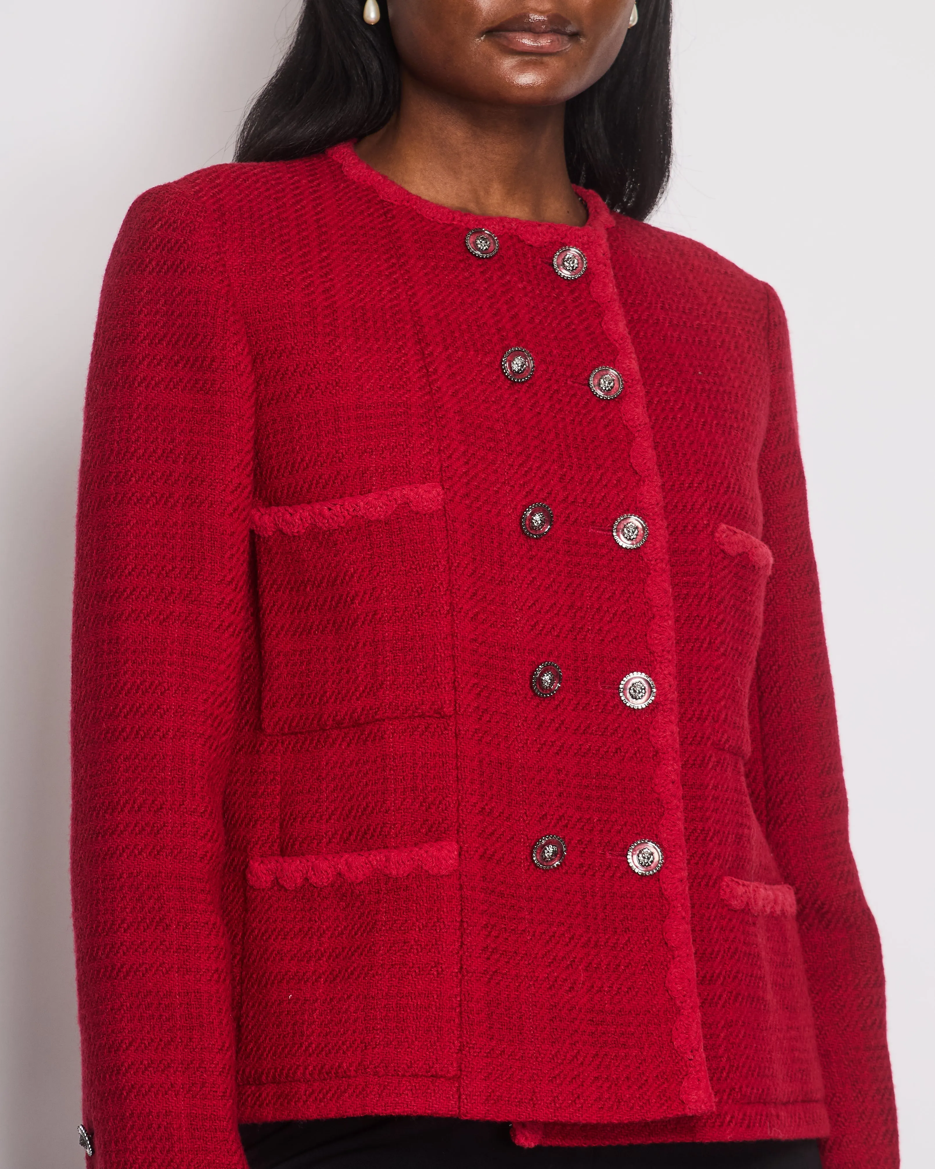 Chanel Red Tweed Long Sleeve Double Breasted Jacket With Lion Button Details Size Fr 40 (uk 12)