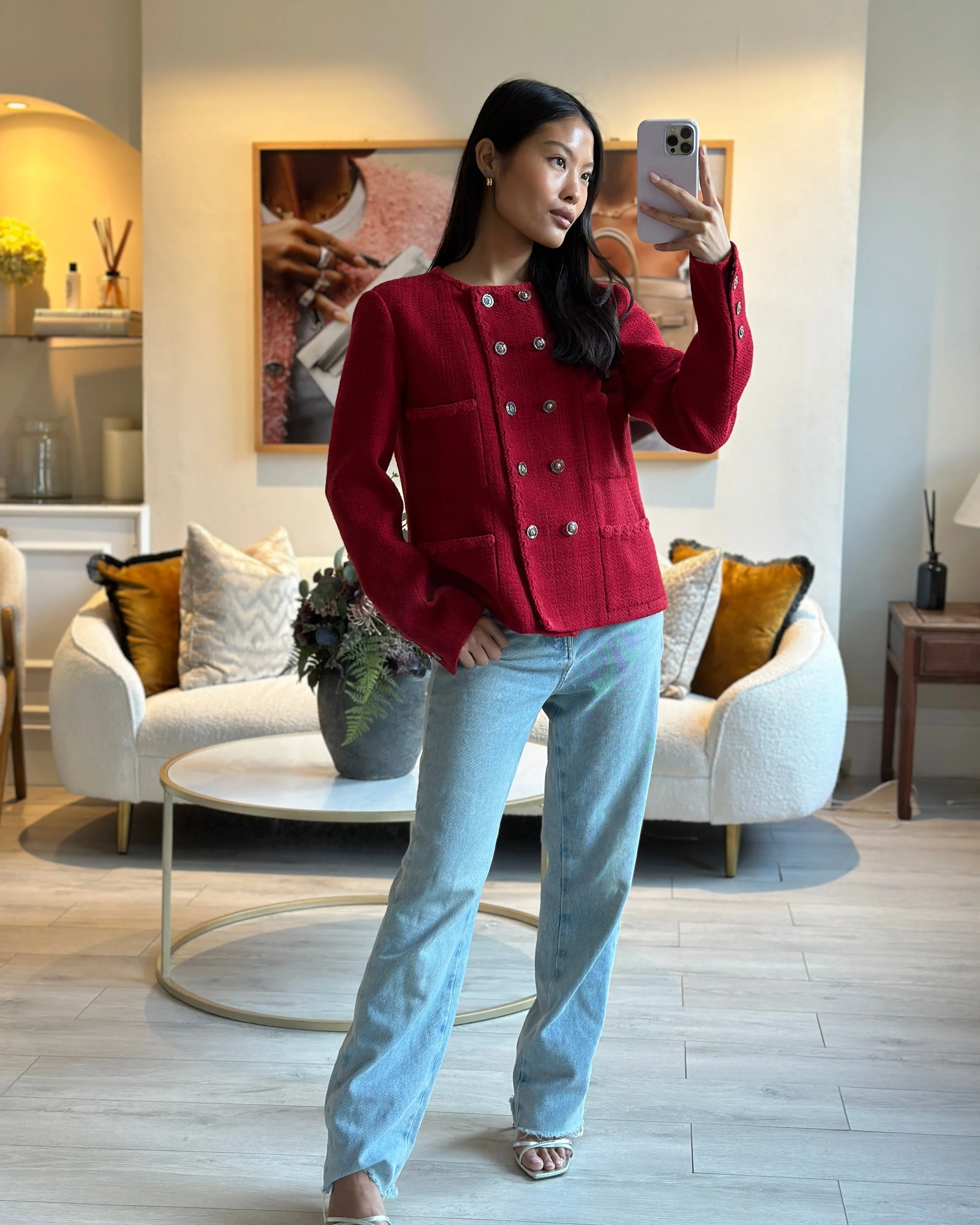 Chanel Red Tweed Long Sleeve Double Breasted Jacket With Lion Button Details Size Fr 40 (uk 12)