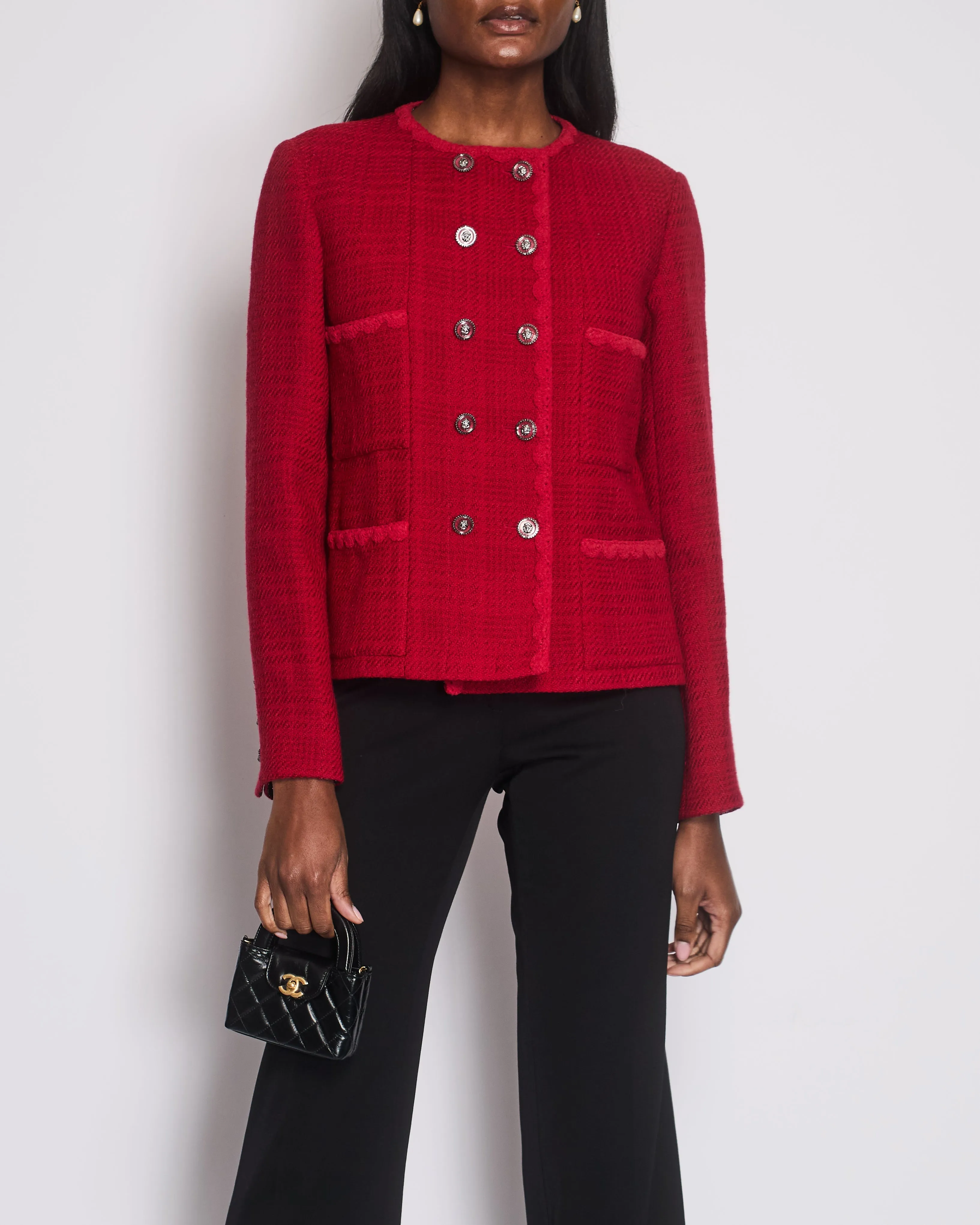 Chanel Red Tweed Long Sleeve Double Breasted Jacket With Lion Button Details Size Fr 40 (uk 12)