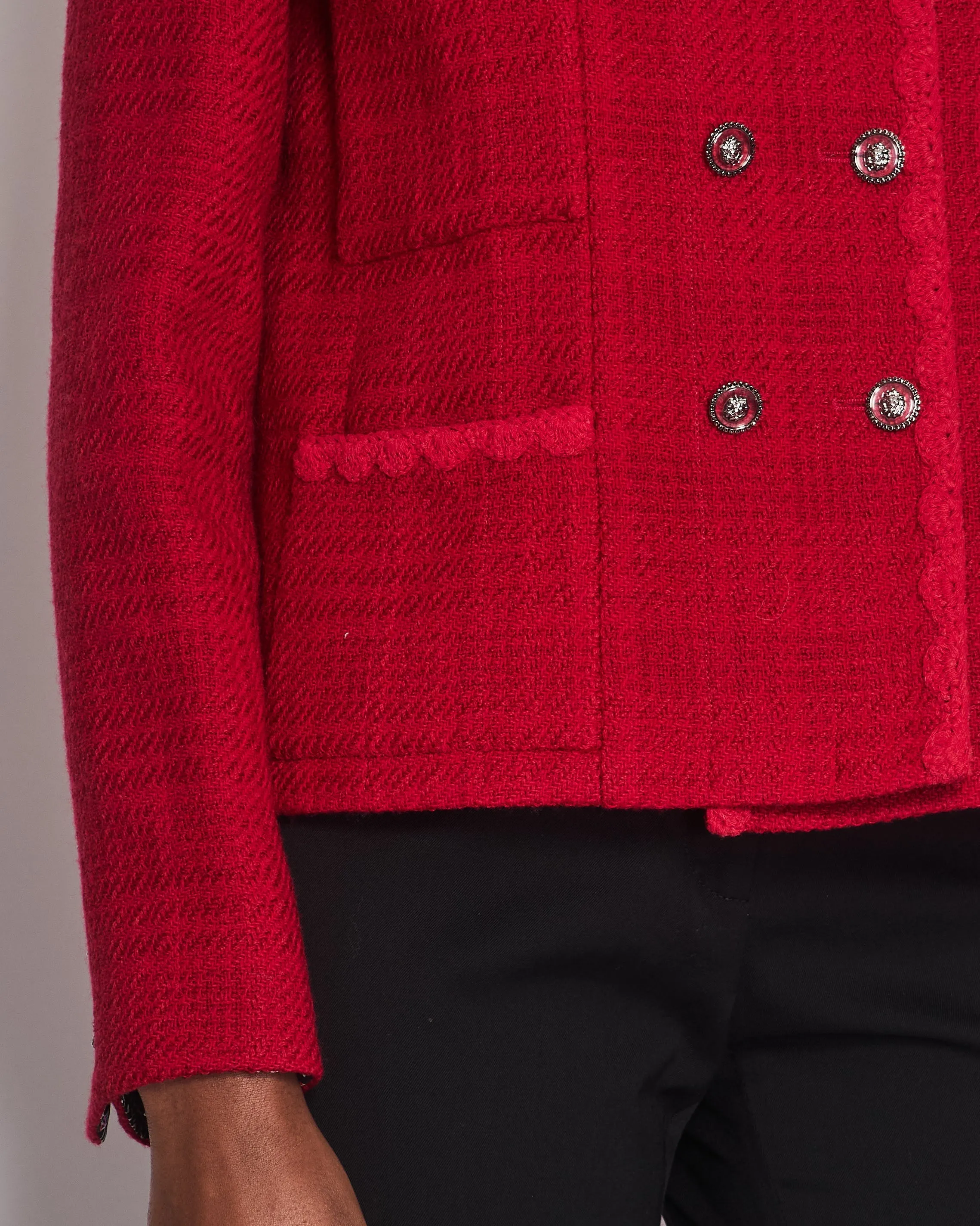 Chanel Red Tweed Long Sleeve Double Breasted Jacket With Lion Button Details Size Fr 40 (uk 12)