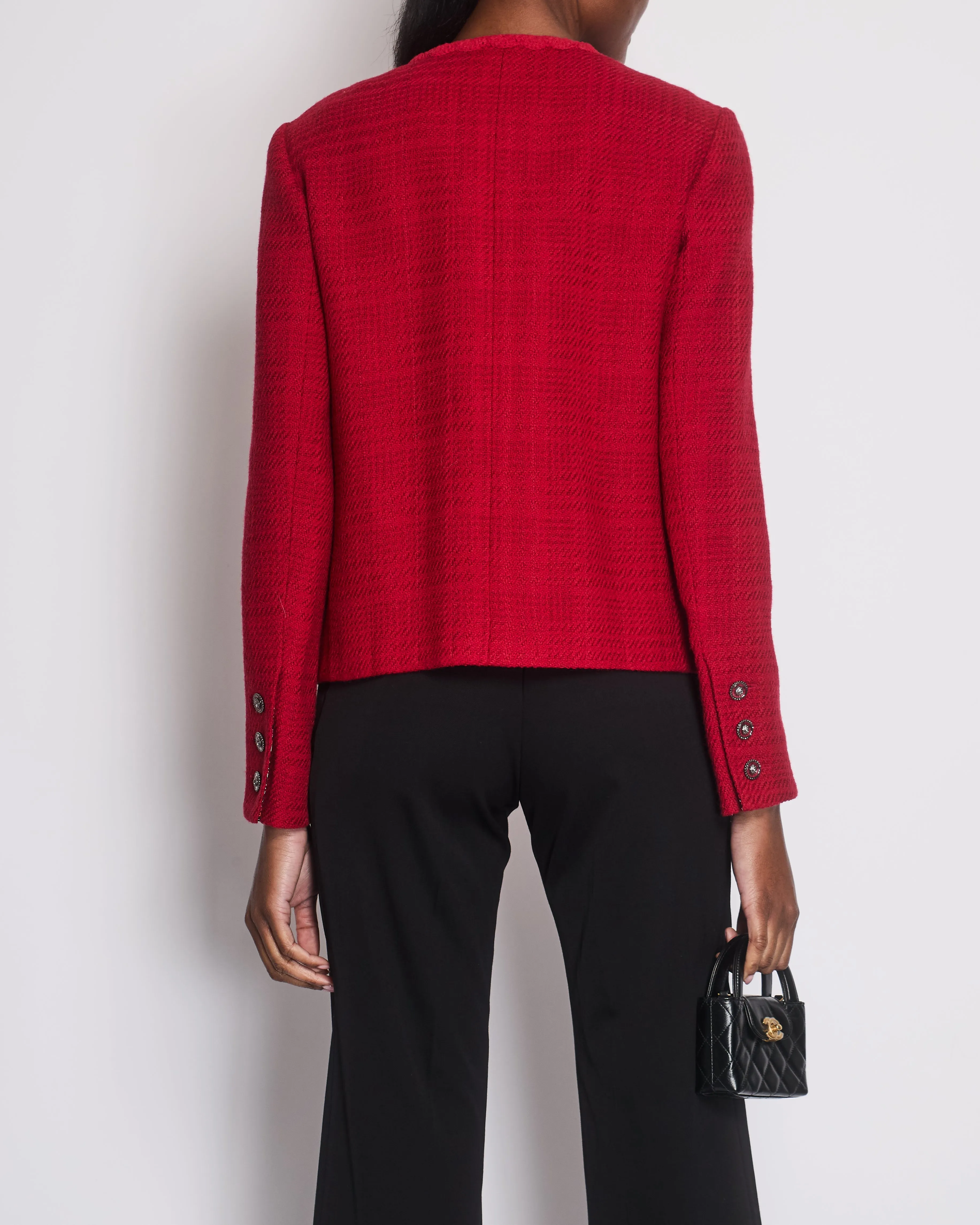Chanel Red Tweed Long Sleeve Double Breasted Jacket With Lion Button Details Size Fr 40 (uk 12)