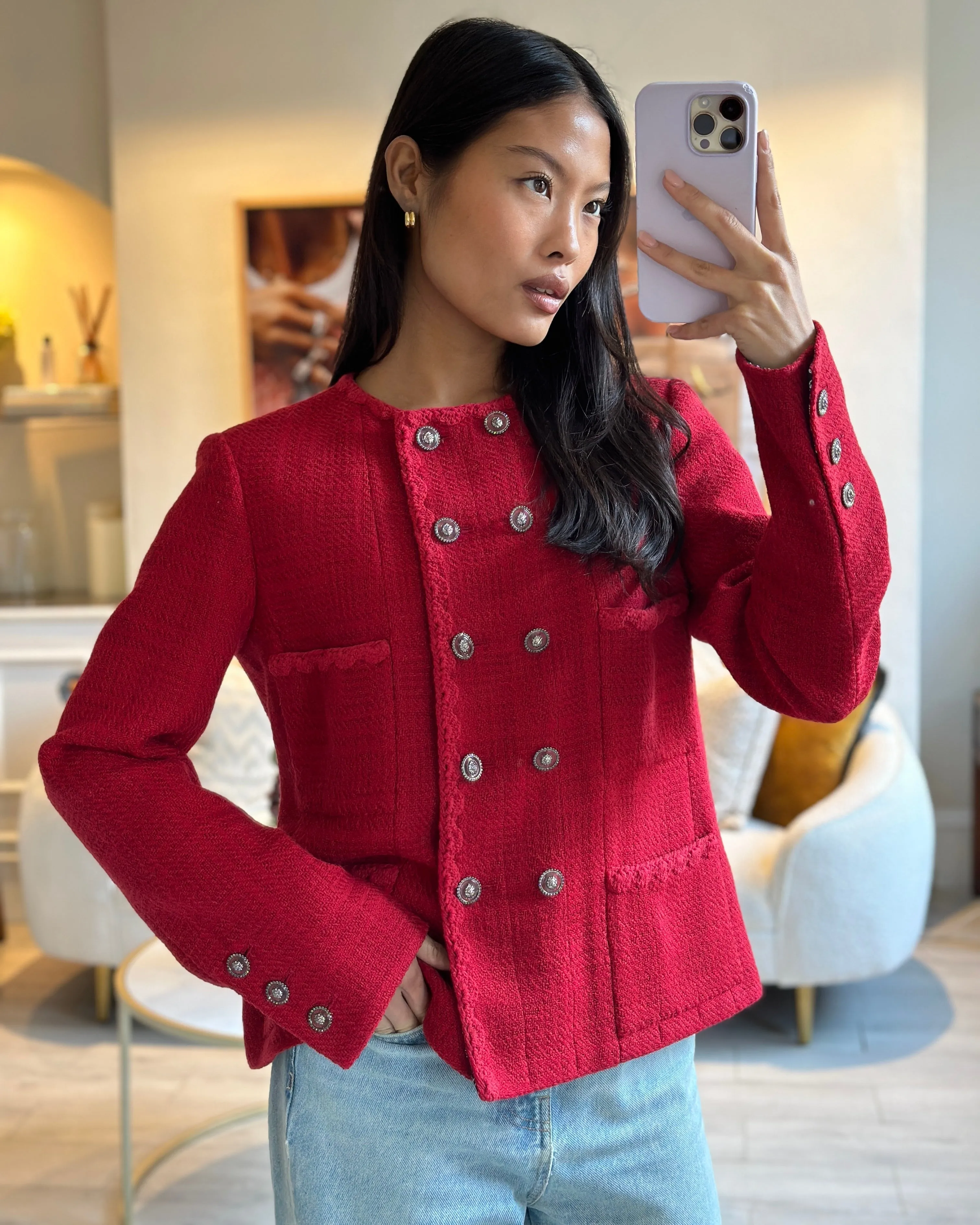 Chanel Red Tweed Long Sleeve Double Breasted Jacket With Lion Button Details Size Fr 40 (uk 12)
