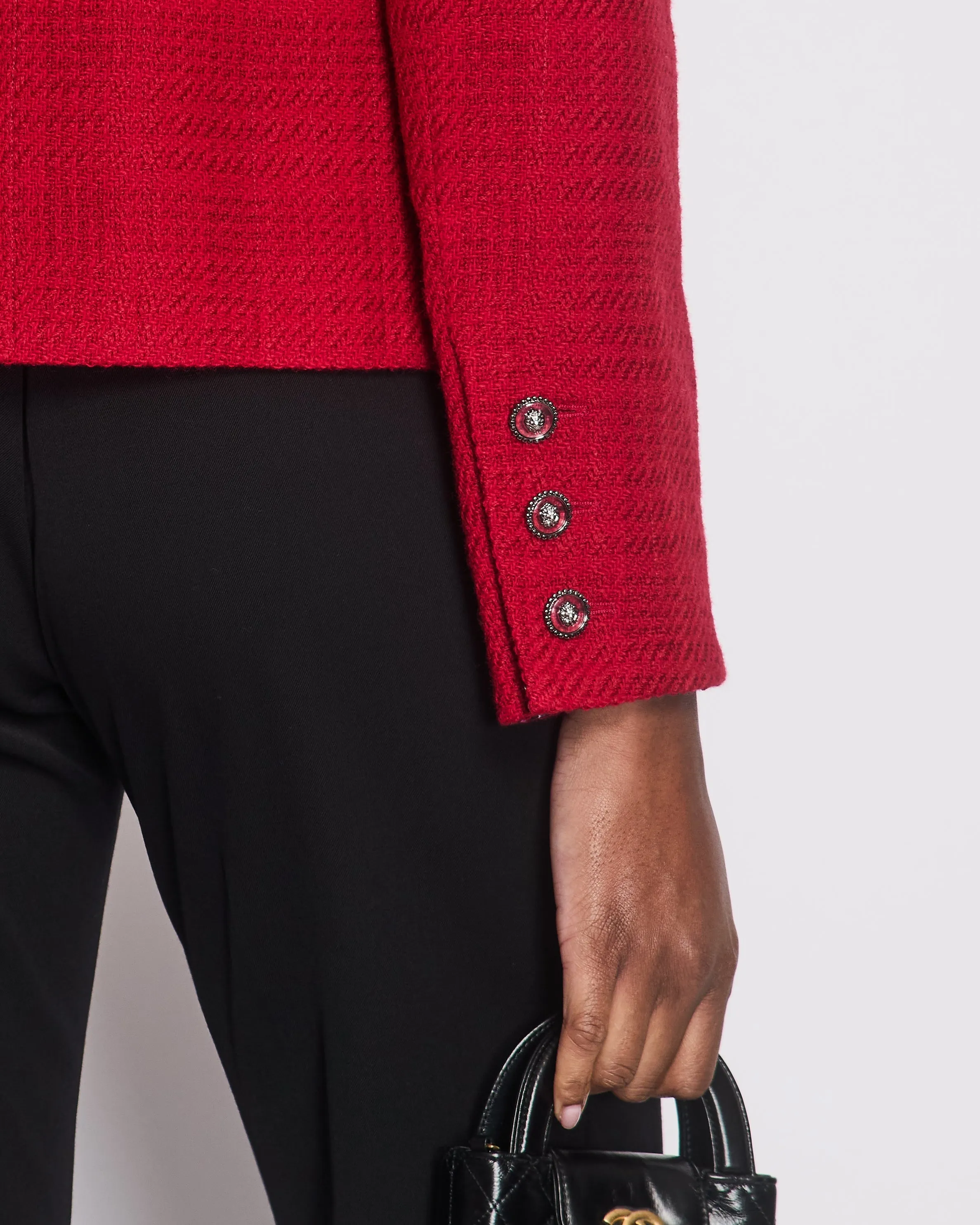 Chanel Red Tweed Long Sleeve Double Breasted Jacket With Lion Button Details Size Fr 40 (uk 12)