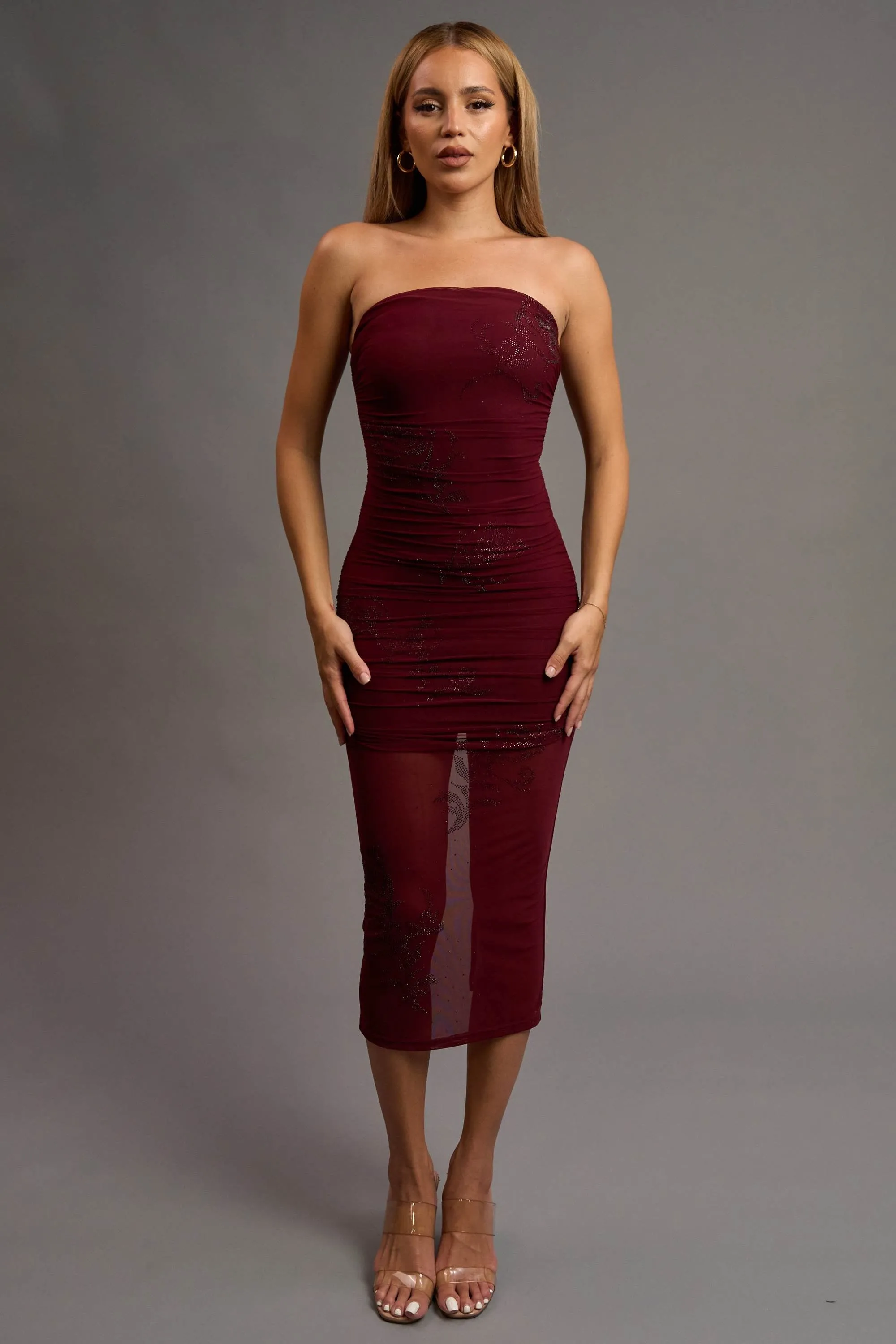 CHIC FLORAL HOTFIXS EMBELLISHED TUBE MIDI DRESS