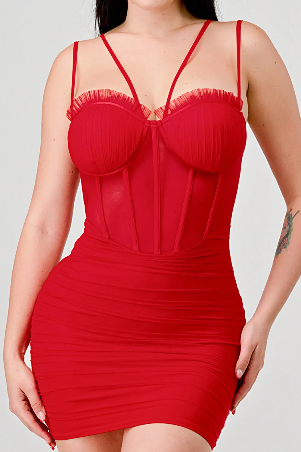 CHIC SHEER MESH CONTRAST CORSET BODYCON MINI DRESS