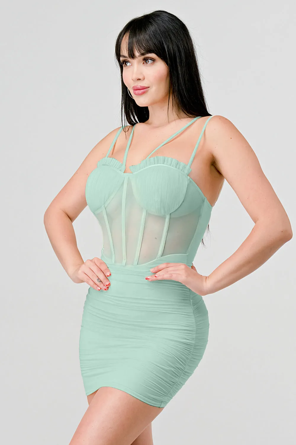 CHIC SHEER MESH CONTRAST CORSET BODYCON MINI DRESS