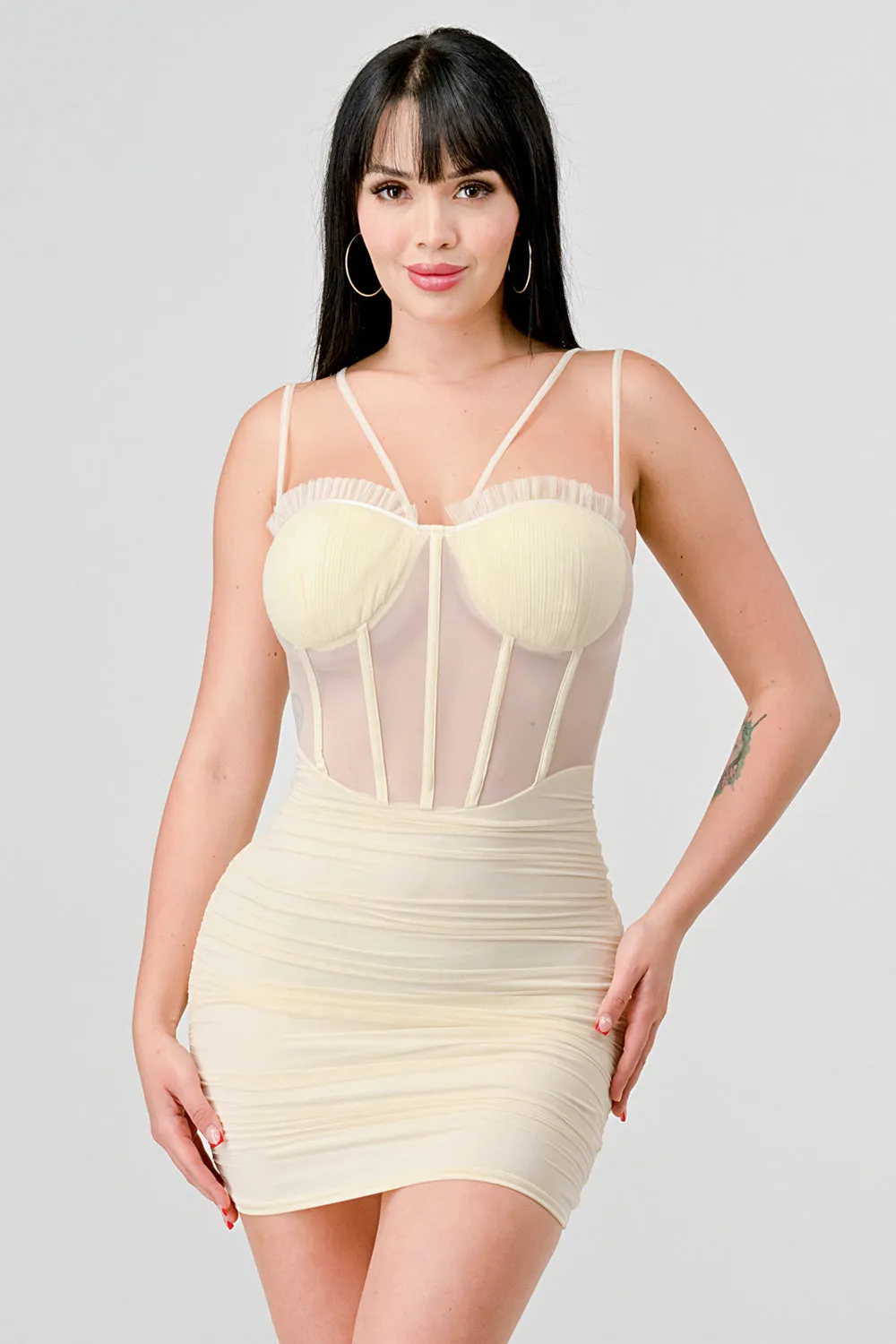 CHIC SHEER MESH CONTRAST CORSET BODYCON MINI DRESS