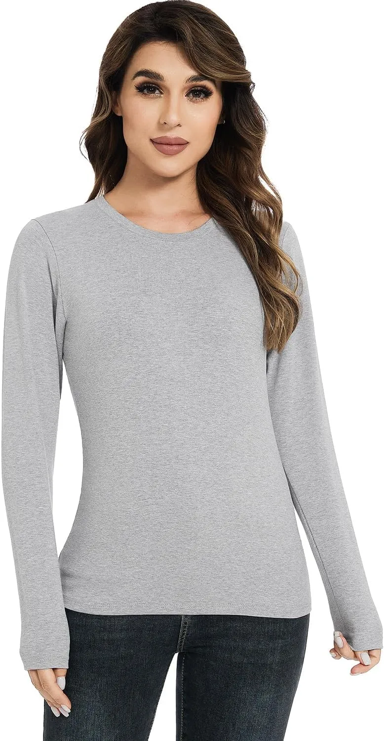 Cosy Pyro Cotton Long Sleeve T Shirt for Women Crew Neck Classic-Fit Workout Shirts Soft Solid Basic Tee