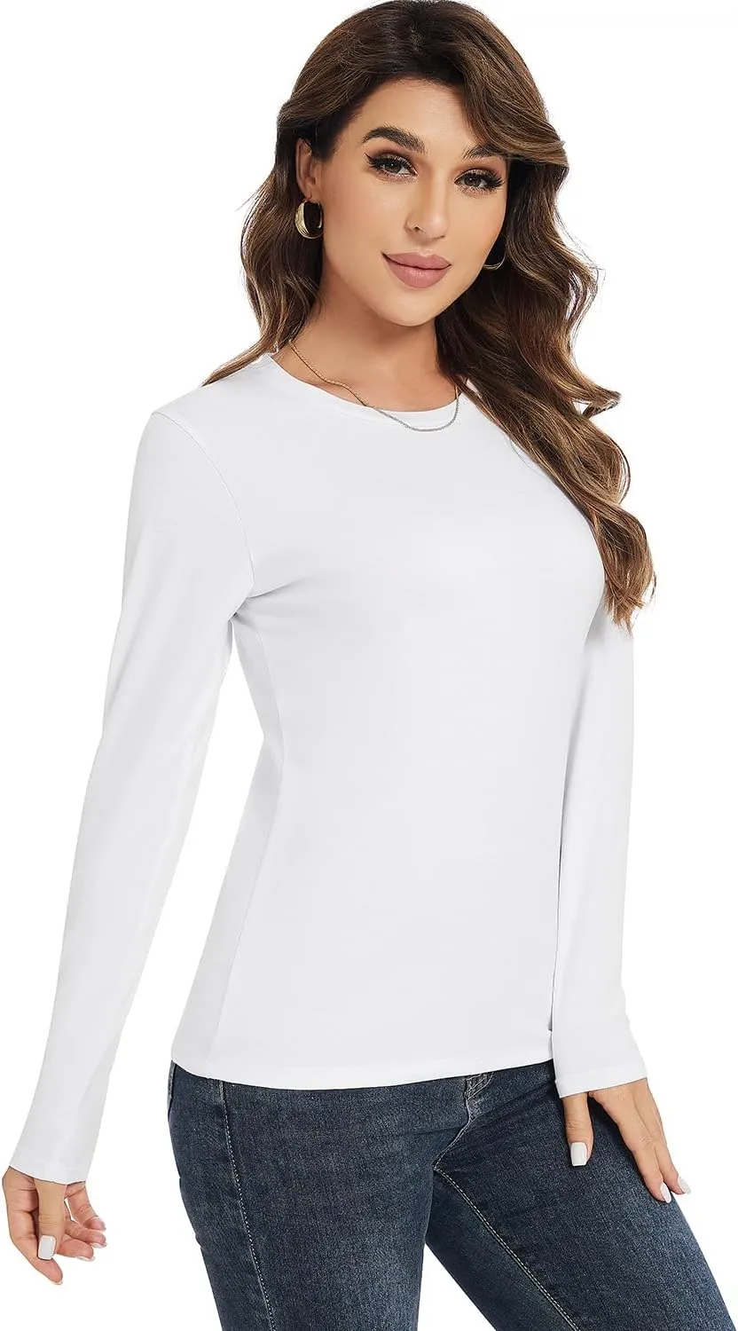 Cosy Pyro Cotton Long Sleeve T Shirt for Women Crew Neck Classic-Fit Workout Shirts Soft Solid Basic Tee