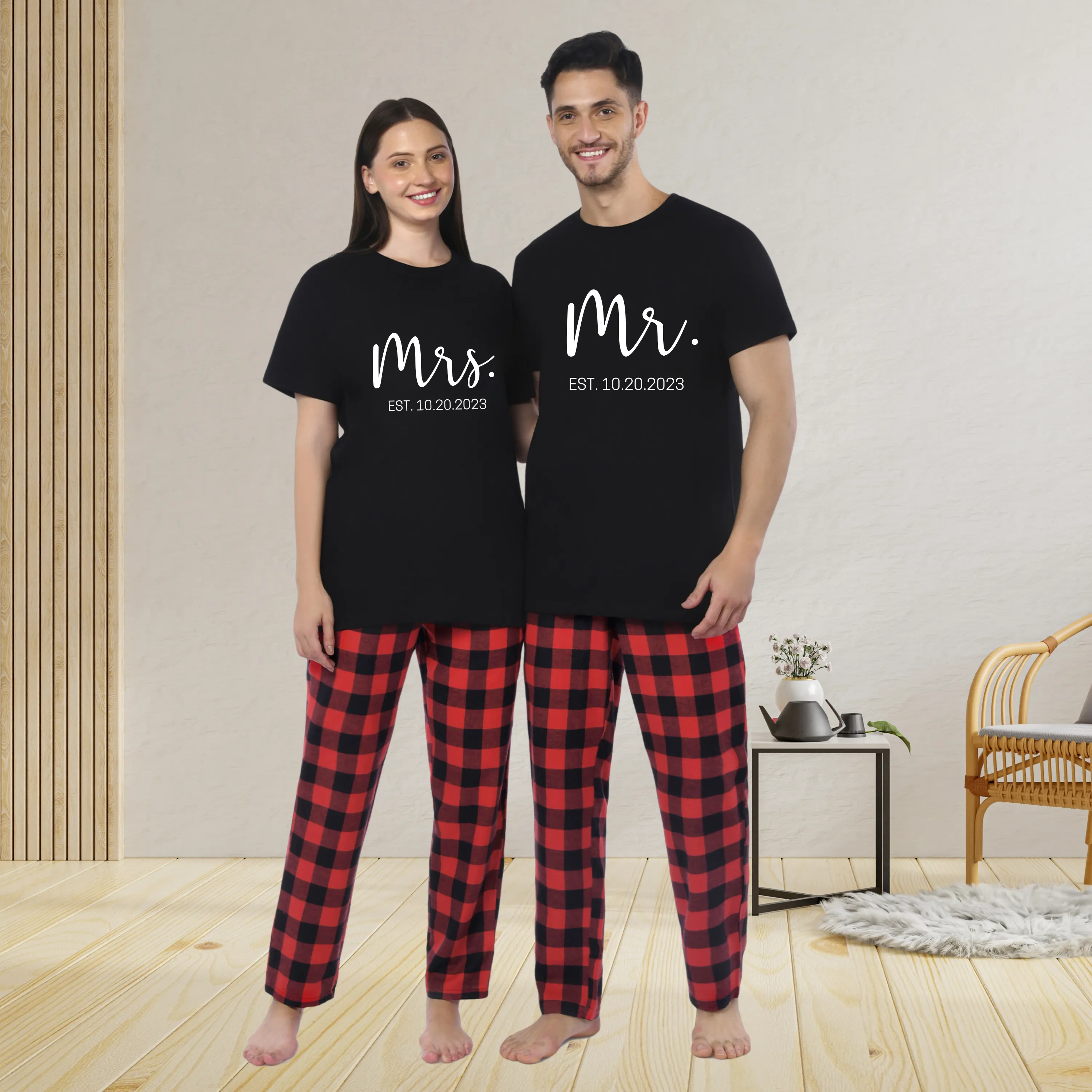 Couples Matching Black T-Shirt with Red Pants - Mr Mrs