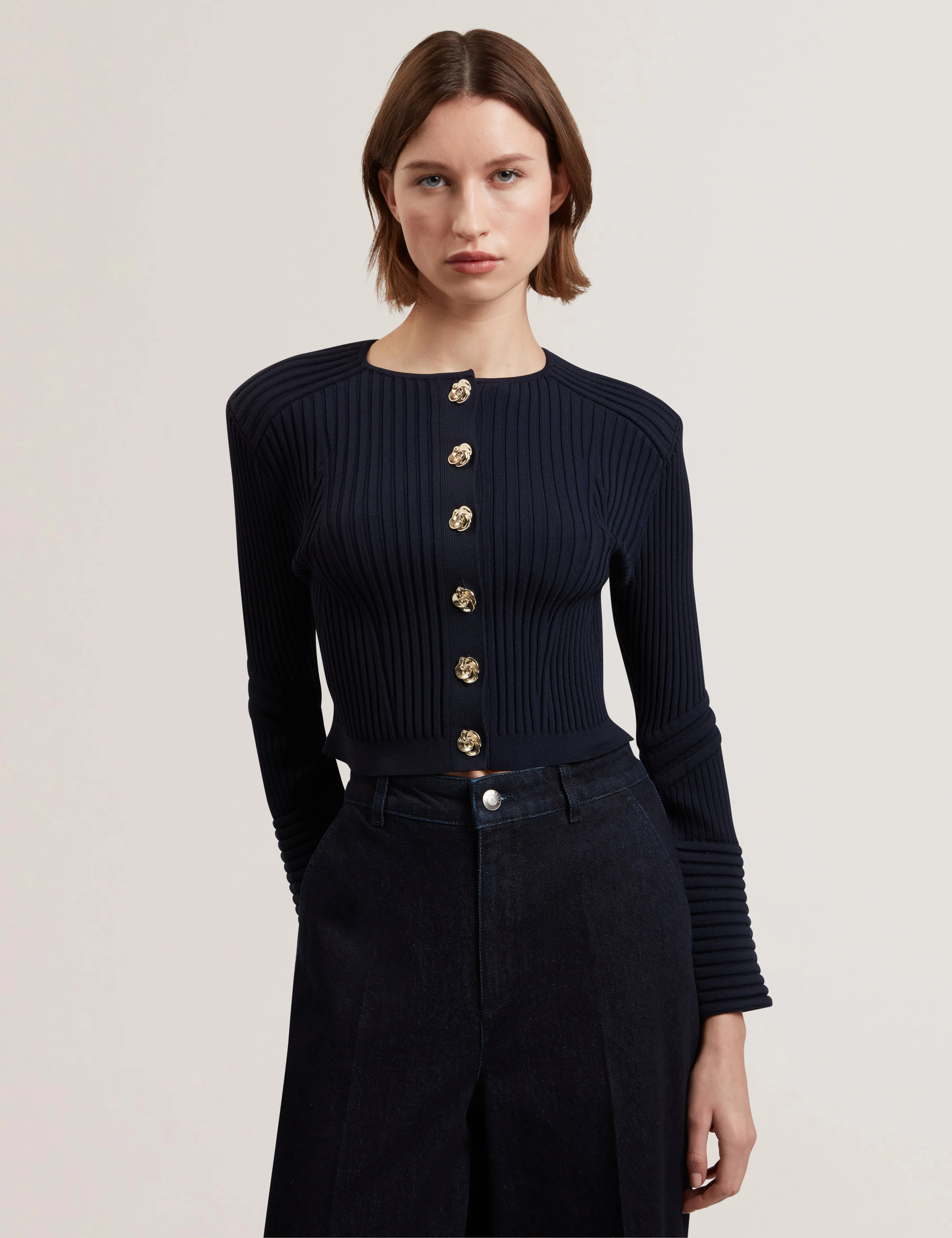 Dayyzi Rib Knit Biker Detail Cardigan Navy
