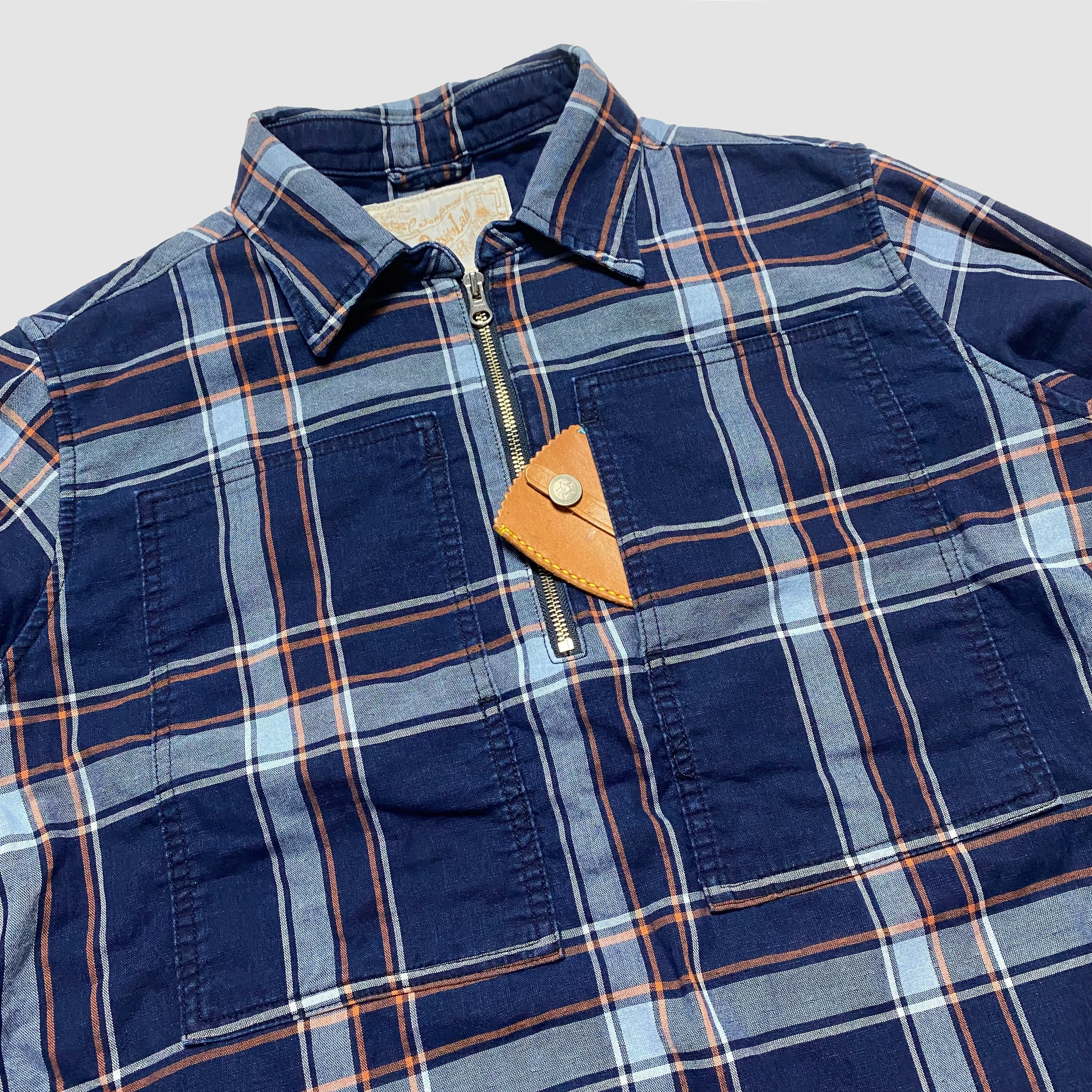 DDL 329 HUNTER2-CBI REGULAR FIT 2 POCKET 1/2 ZIPPER FRONT INDIGO CHECK DENIM SMOCK SHIRT-5.5OZ-E1 INDIGO CHECK