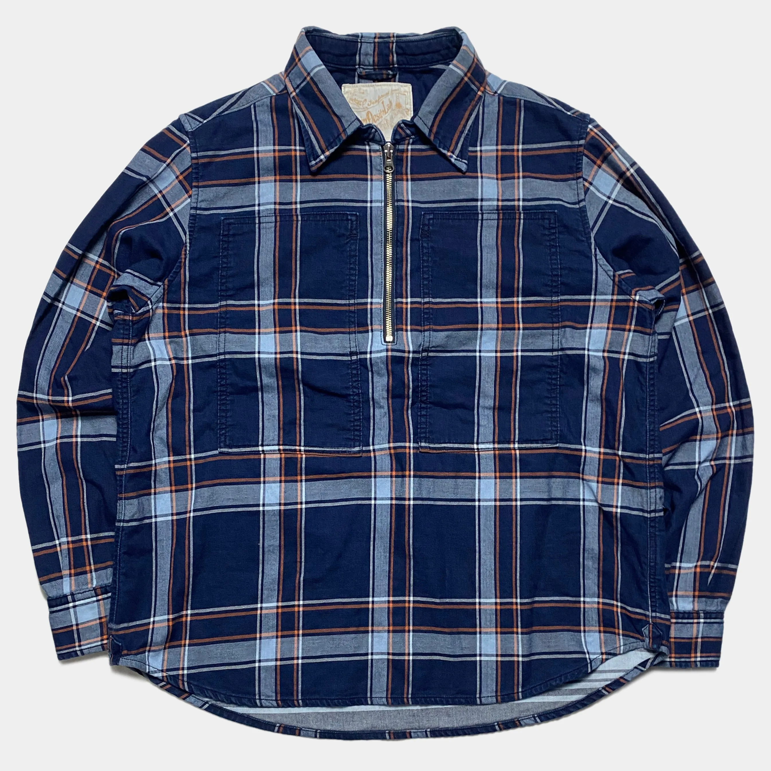 DDL 329 HUNTER2-CBI REGULAR FIT 2 POCKET 1/2 ZIPPER FRONT INDIGO CHECK DENIM SMOCK SHIRT-5.5OZ-E1 INDIGO CHECK