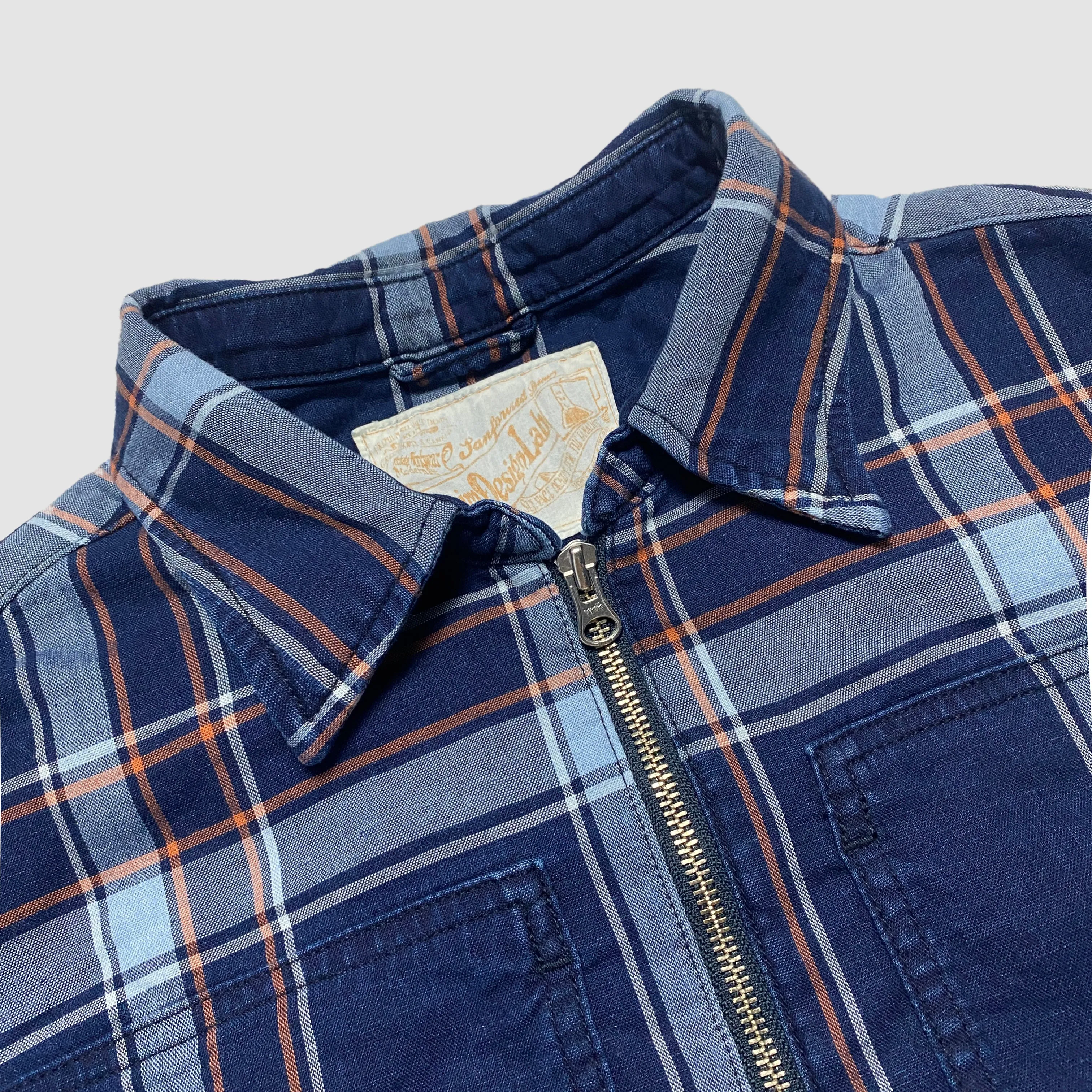 DDL 329 HUNTER2-CBI REGULAR FIT 2 POCKET 1/2 ZIPPER FRONT INDIGO CHECK DENIM SMOCK SHIRT-5.5OZ-E1 INDIGO CHECK