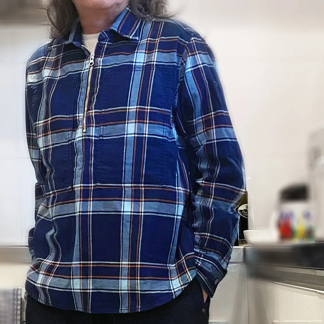 DDL 329 HUNTER2-CBI REGULAR FIT 2 POCKET 1/2 ZIPPER FRONT INDIGO CHECK DENIM SMOCK SHIRT-5.5OZ-E1 INDIGO CHECK
