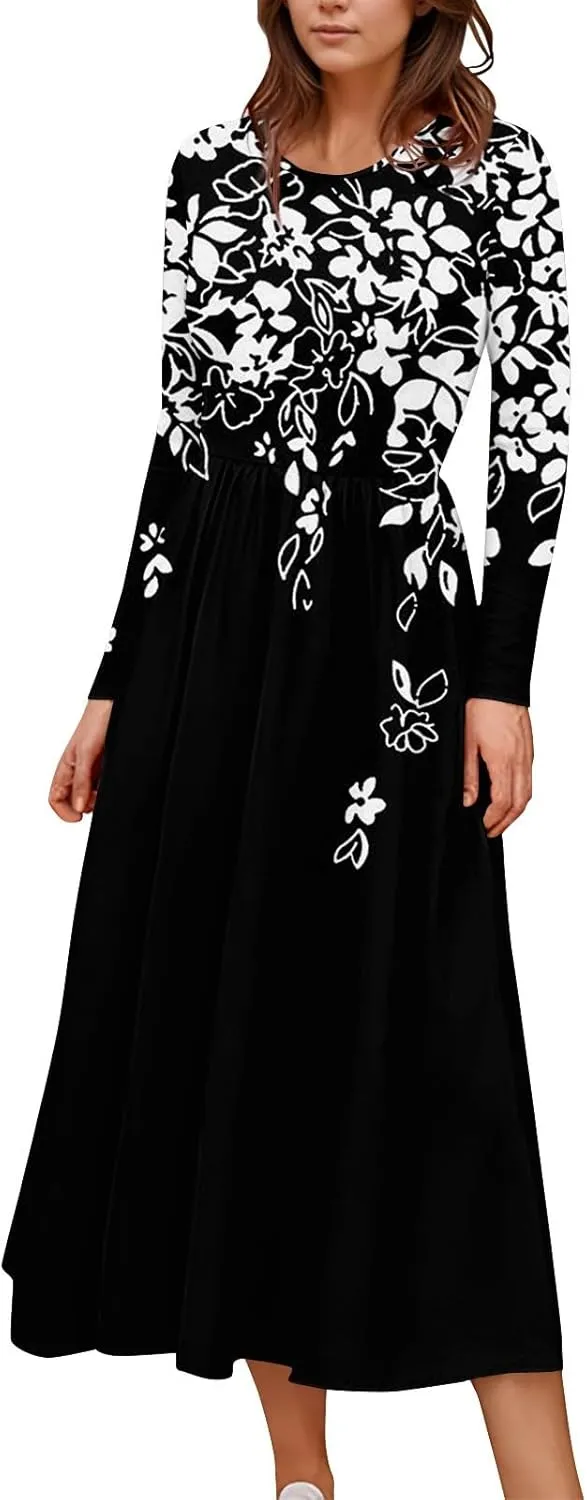 Dresses for Women 2025 Spring Long Sleeve V Neck Midi Flowy Trendy Casual Boho Office Cruise Dress