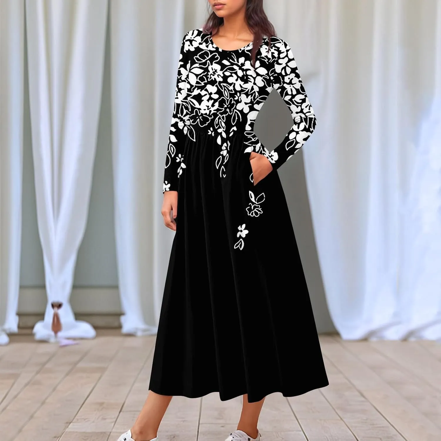 Dresses for Women 2025 Spring Long Sleeve V Neck Midi Flowy Trendy Casual Boho Office Cruise Dress
