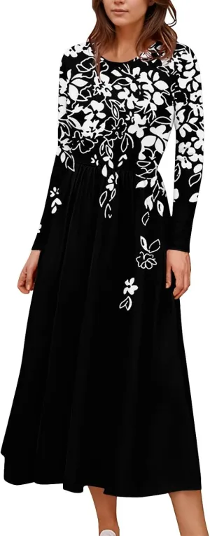 Dresses for Women 2025 Spring Long Sleeve V Neck Midi Flowy Trendy Casual Boho Office Cruise Dress