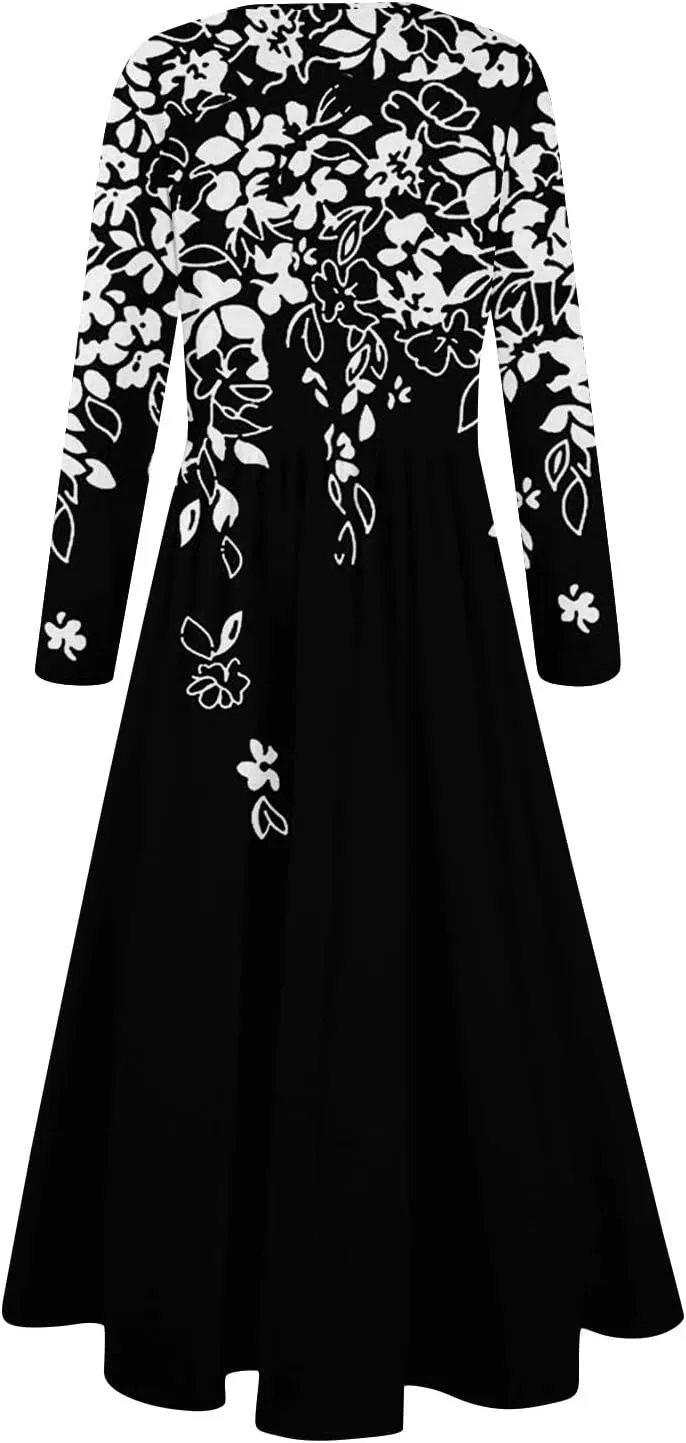 Dresses for Women 2025 Spring Long Sleeve V Neck Midi Flowy Trendy Casual Boho Office Cruise Dress