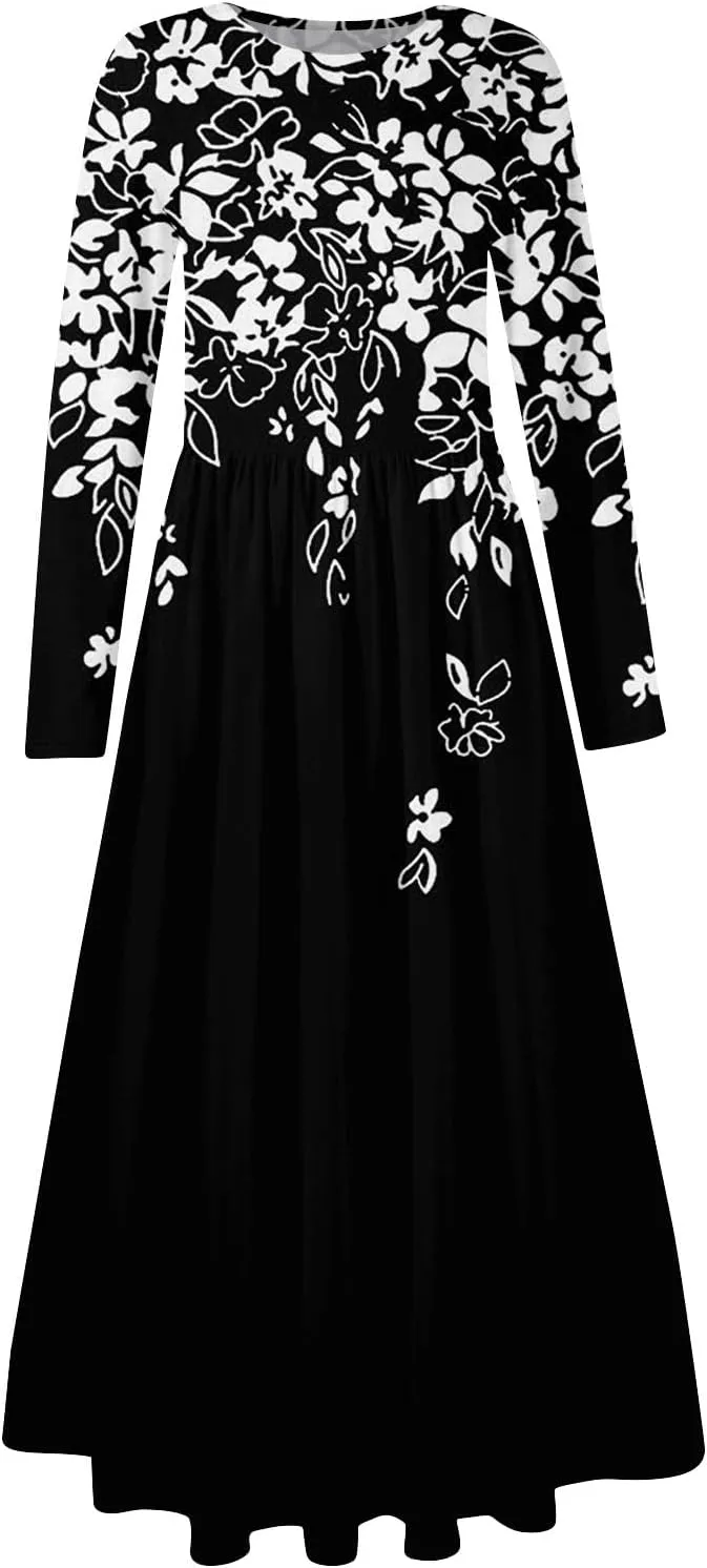 Dresses for Women 2025 Spring Long Sleeve V Neck Midi Flowy Trendy Casual Boho Office Cruise Dress