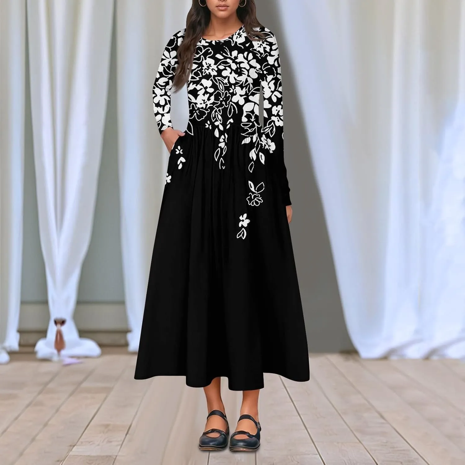 Dresses for Women 2025 Spring Long Sleeve V Neck Midi Flowy Trendy Casual Boho Office Cruise Dress