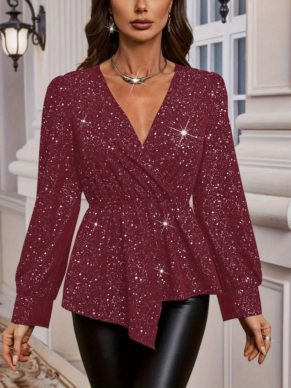 Elegant Asymmetrical Hem Surplice Blouse for Party Nights