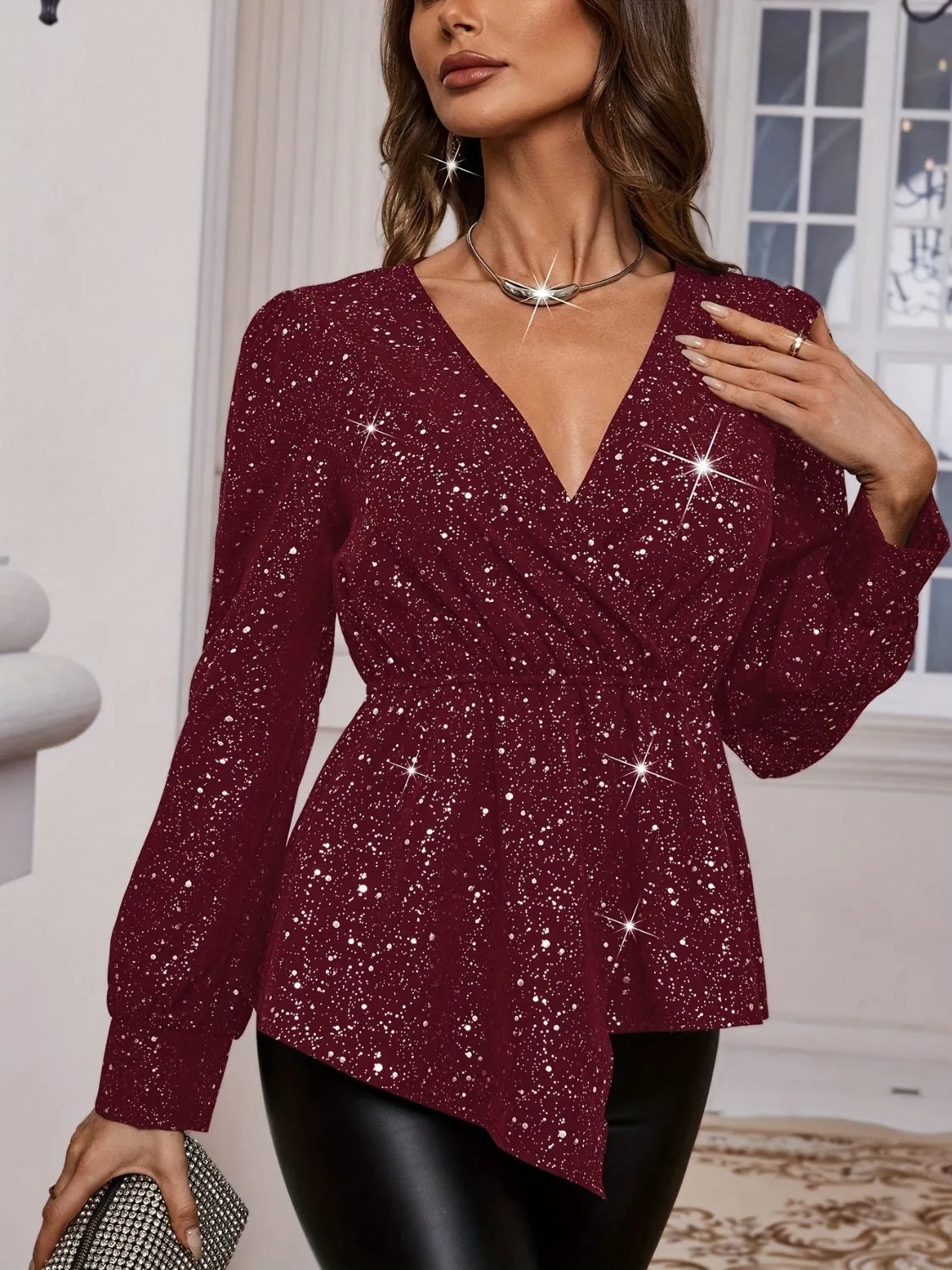 Elegant Asymmetrical Hem Surplice Blouse for Party Nights