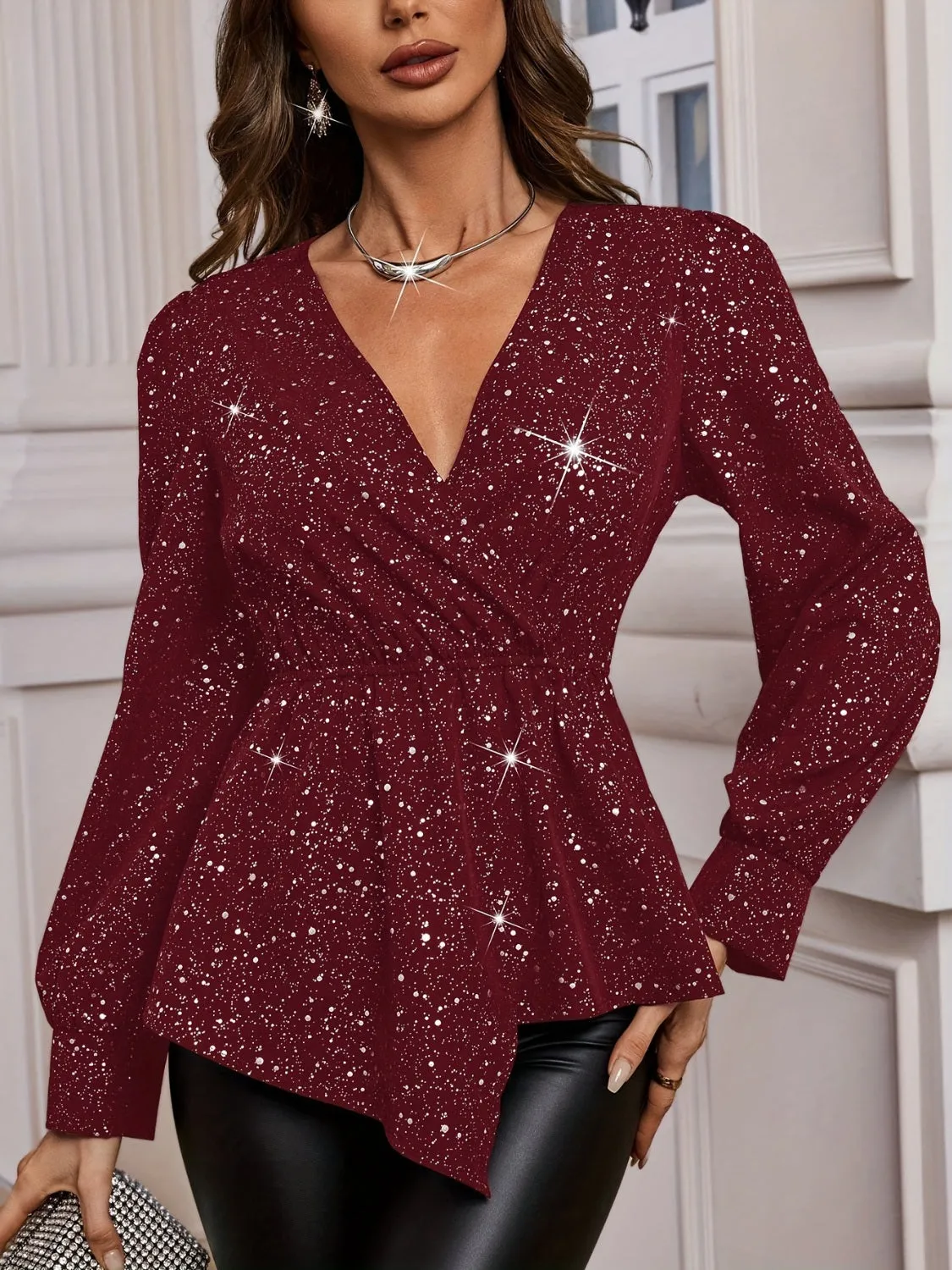 Elegant Asymmetrical Hem Surplice Blouse for Party Nights