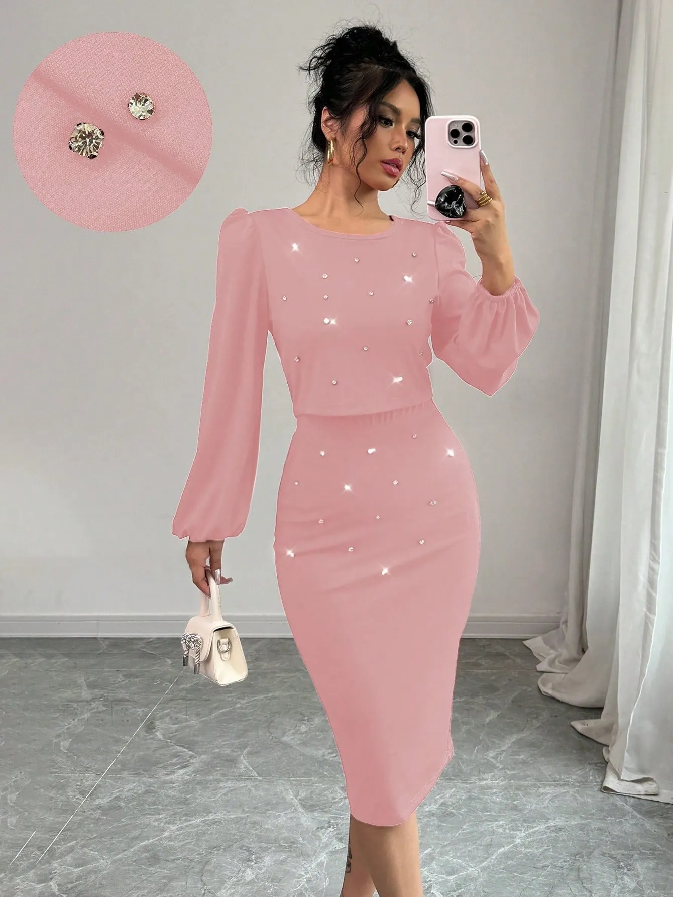 Elegant Casual Rhinestone Decor Lantern Sleeve Top And Skirt Set