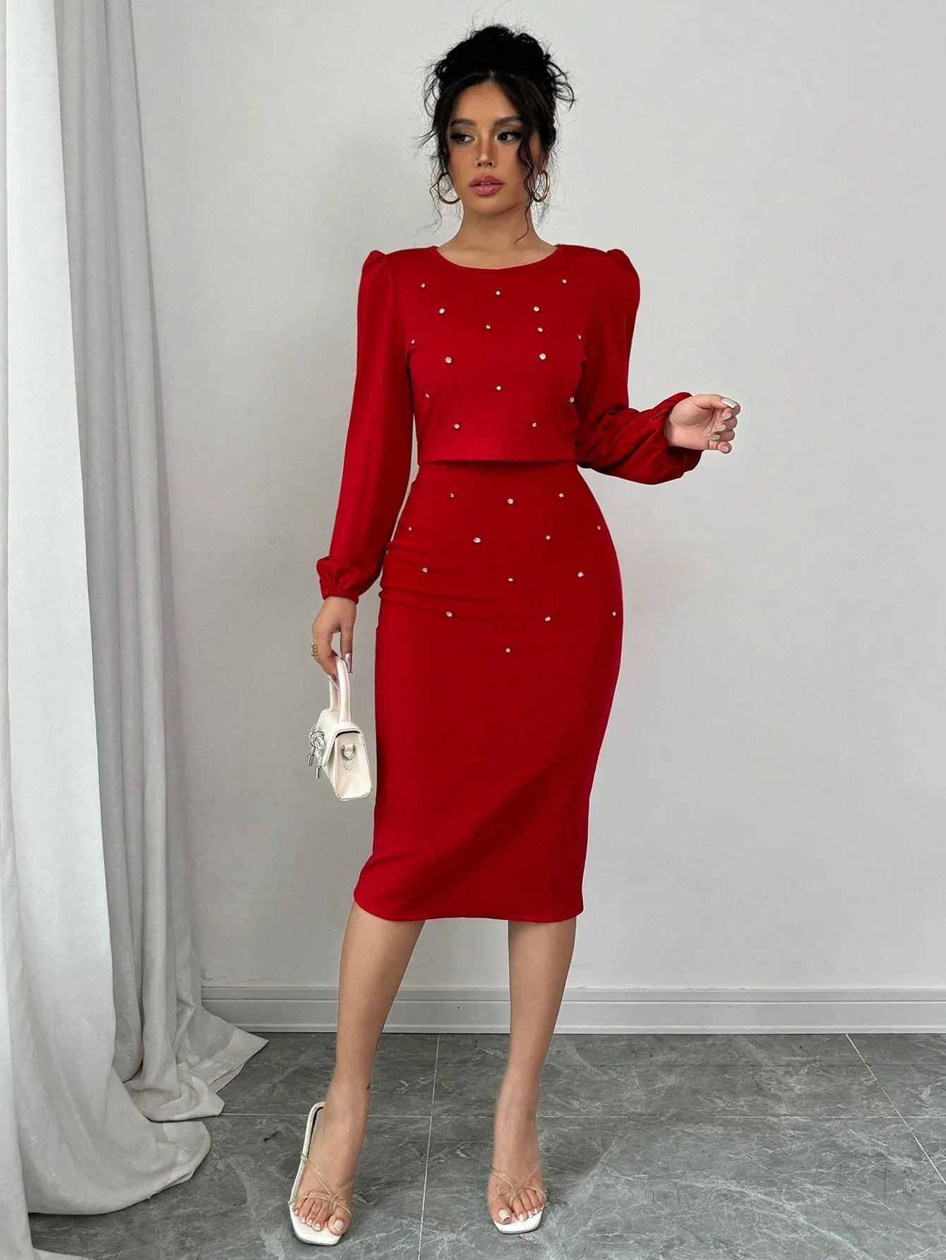 Elegant Casual Rhinestone Decor Lantern Sleeve Top And Skirt Set