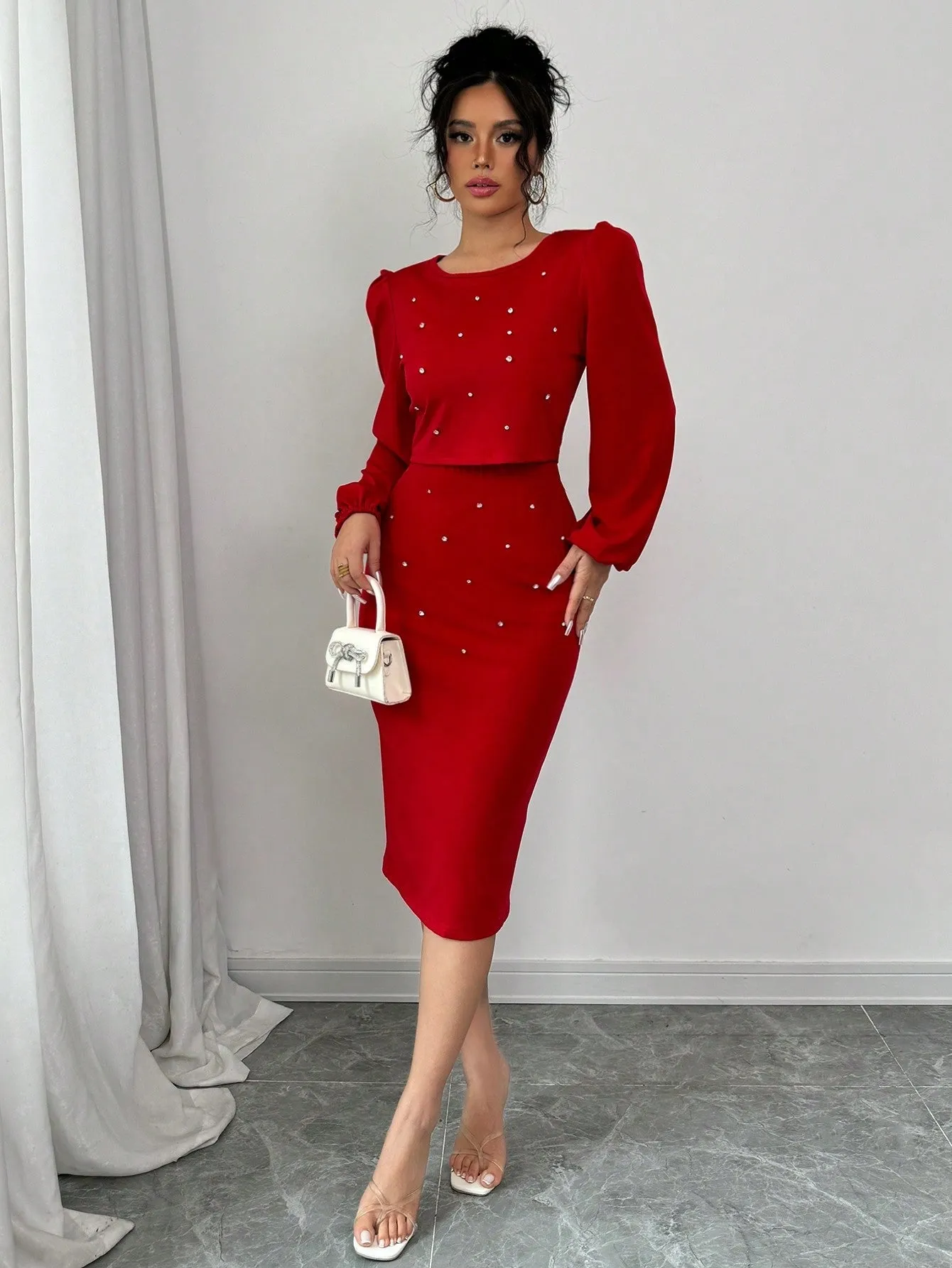 Elegant Casual Rhinestone Decor Lantern Sleeve Top And Skirt Set
