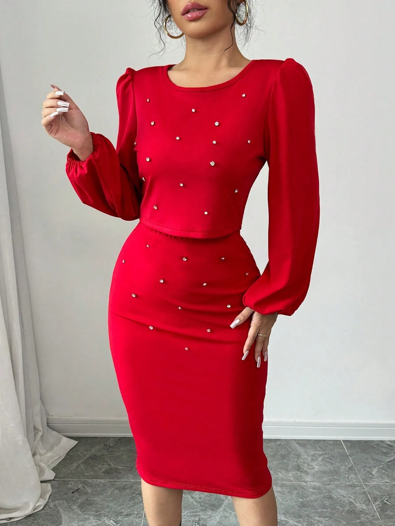 Elegant Casual Rhinestone Decor Lantern Sleeve Top And Skirt Set