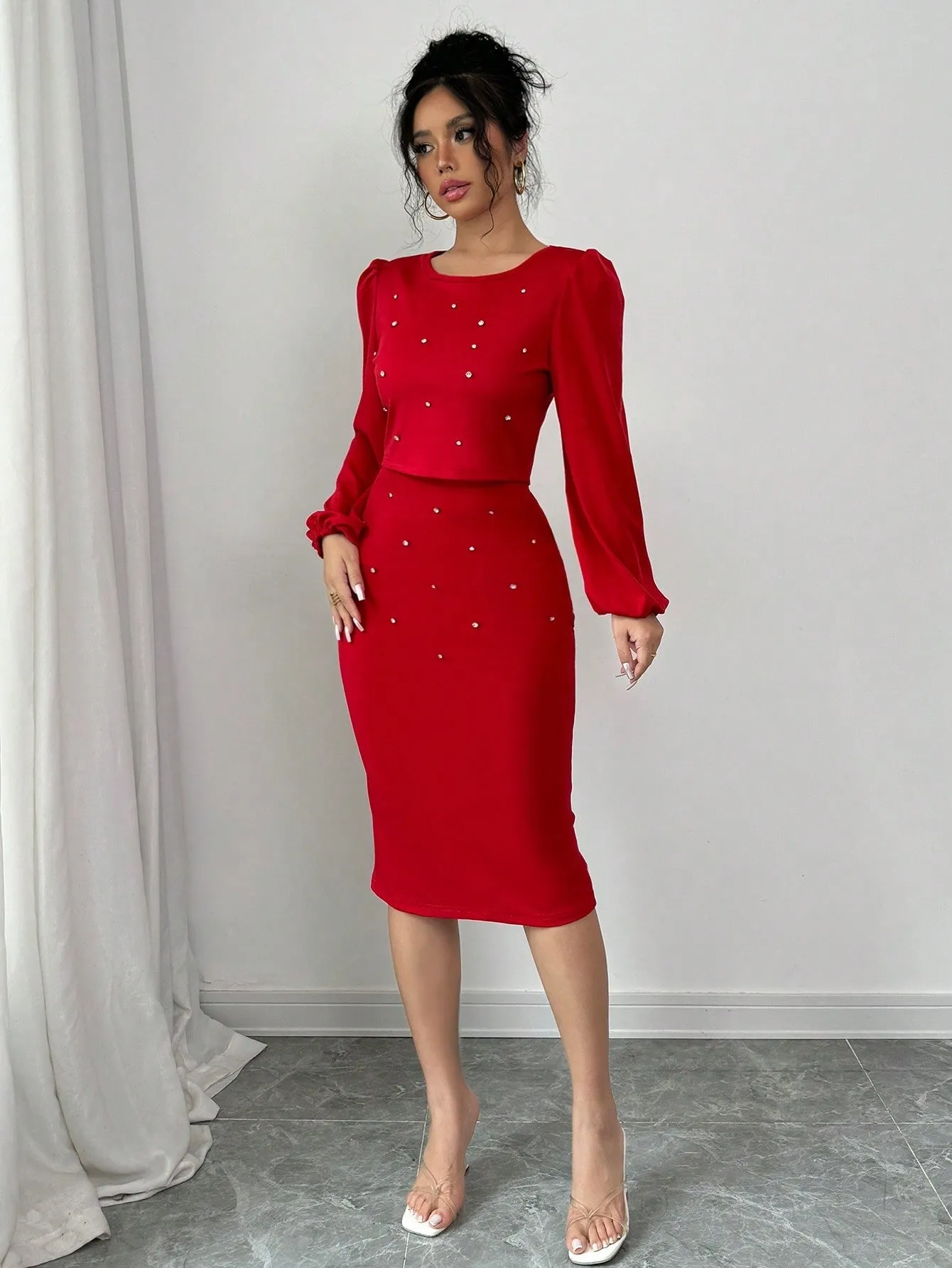 Elegant Casual Rhinestone Decor Lantern Sleeve Top And Skirt Set
