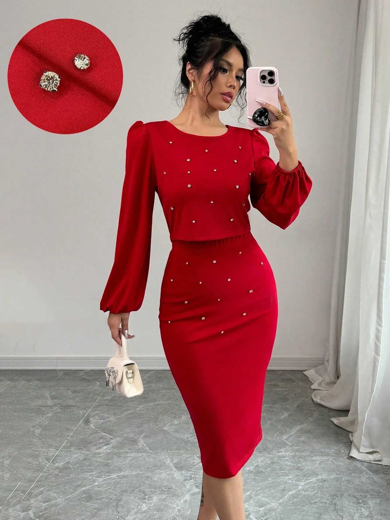 Elegant Casual Rhinestone Decor Lantern Sleeve Top And Skirt Set