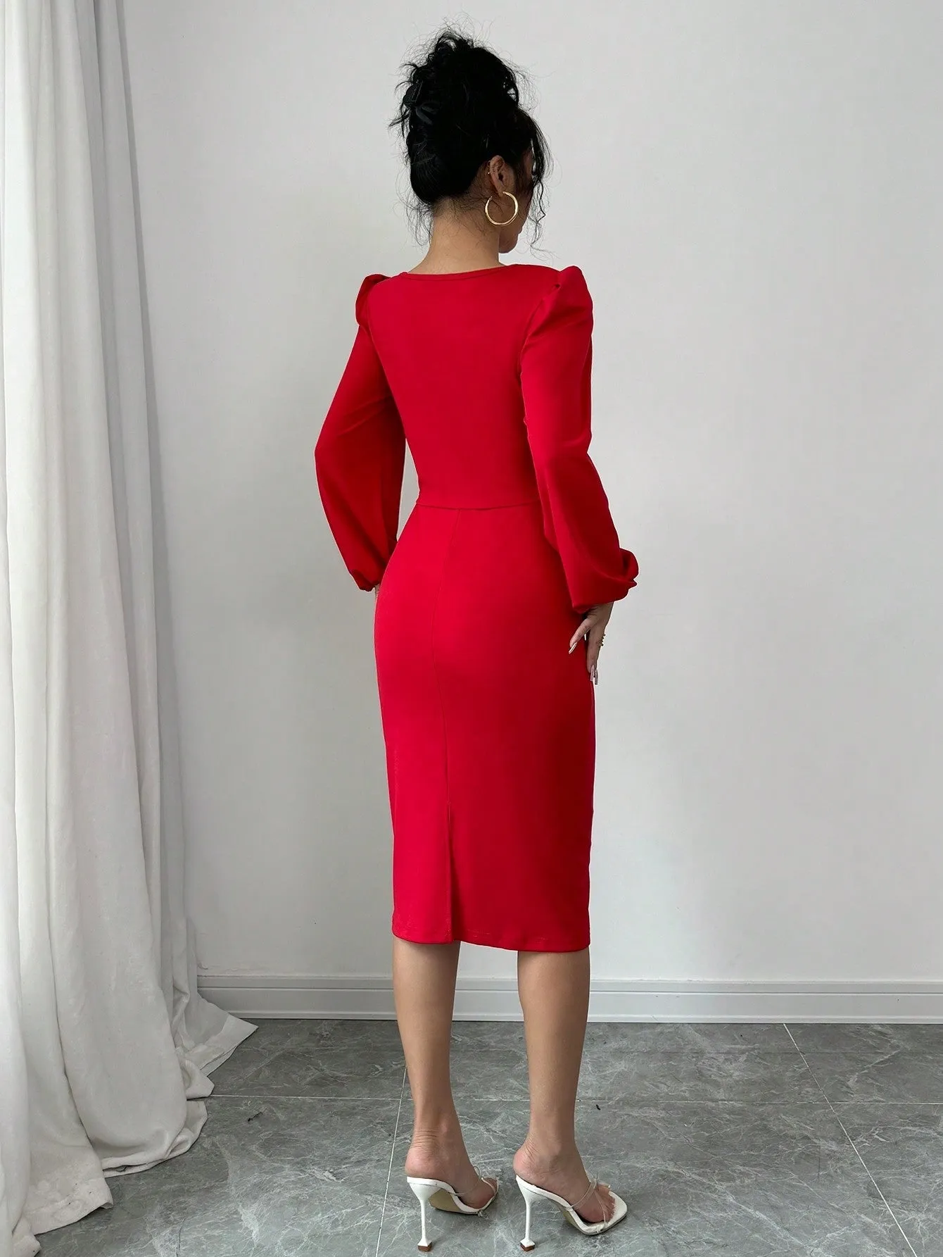Elegant Casual Rhinestone Decor Lantern Sleeve Top And Skirt Set