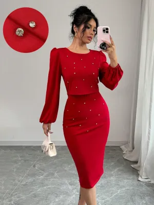 Elegant Casual Rhinestone Decor Lantern Sleeve Top And Skirt Set