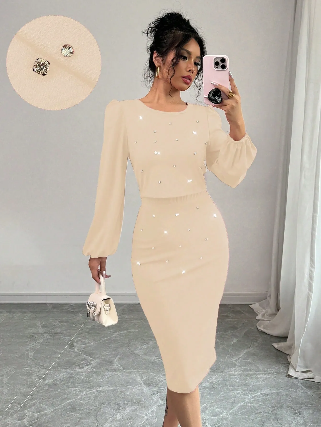 Elegant Casual Rhinestone Decor Lantern Sleeve Top And Skirt Set