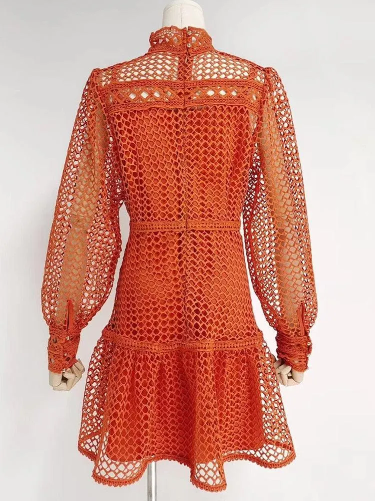 Elegant Lantern Sleeve Vintage Dress with Chic Stand Collar