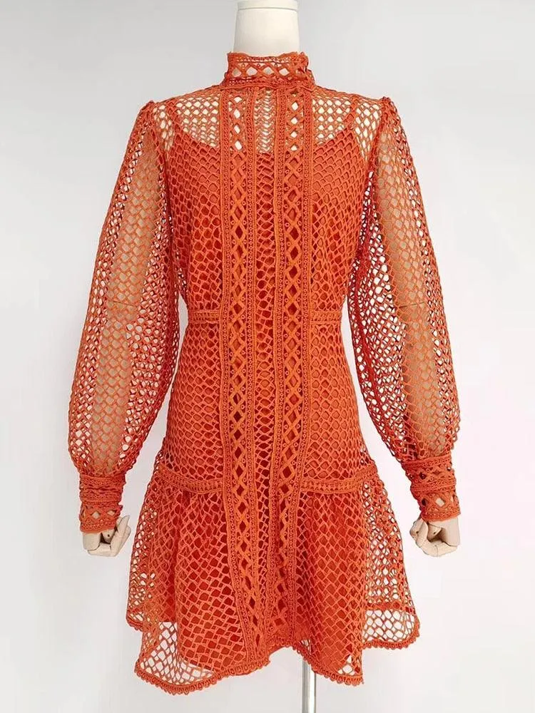 Elegant Lantern Sleeve Vintage Dress with Chic Stand Collar