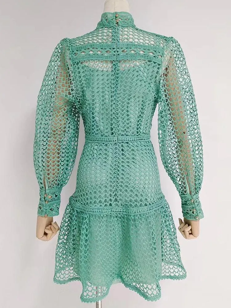 Elegant Lantern Sleeve Vintage Dress with Chic Stand Collar